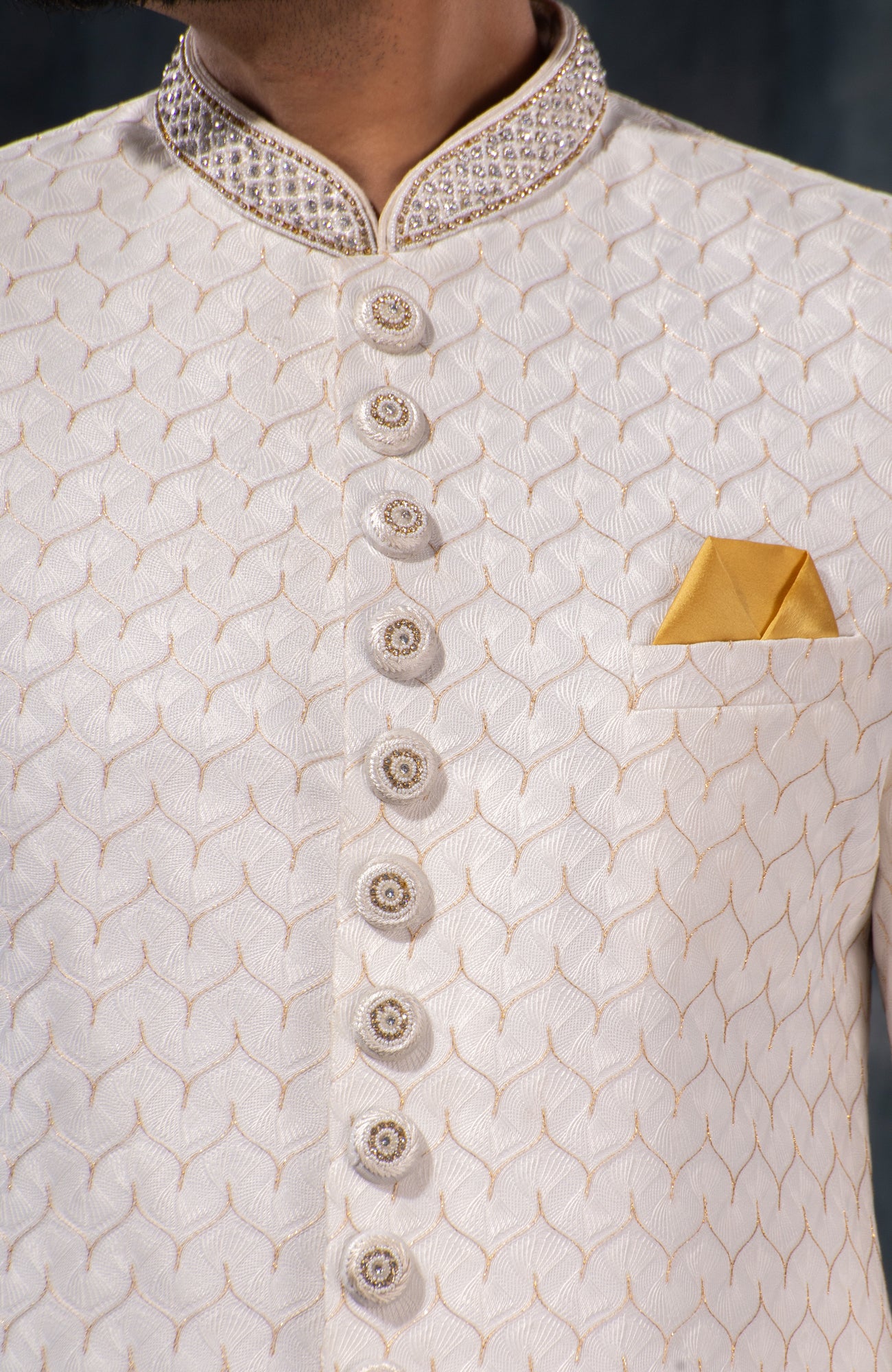 HAMSAFAR Men’s White Net Poly Viscose Sherwani