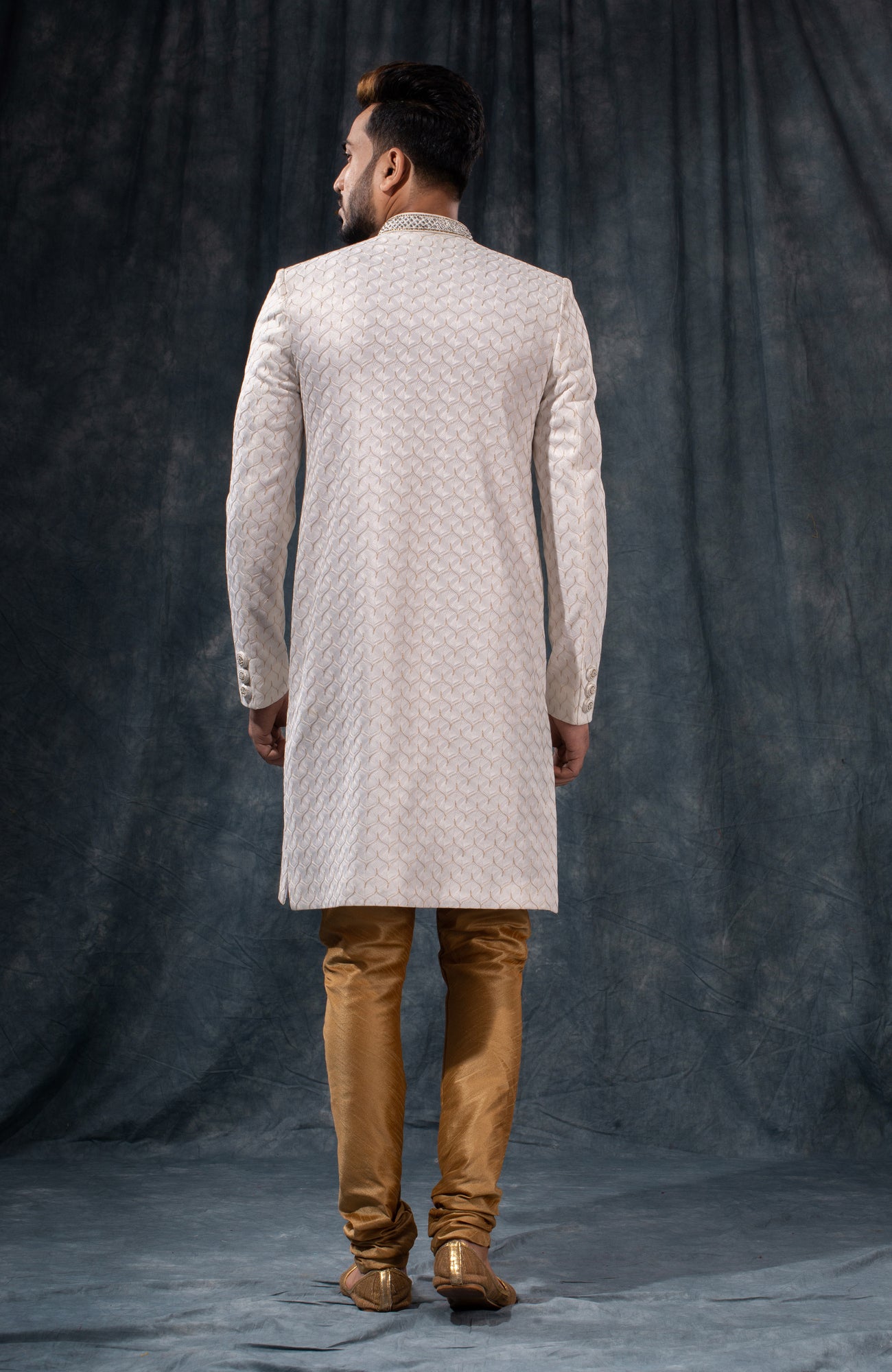 HAMSAFAR Men’s White Net Poly Viscose Sherwani