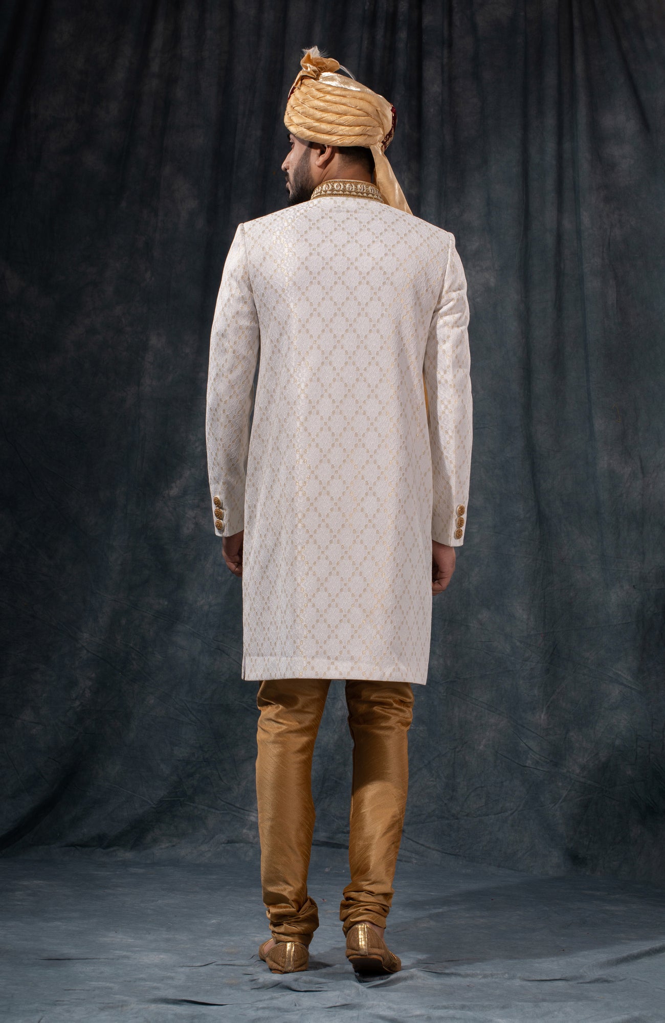 HAMSAFAR Men’s White Net Poly Viscose Sherwani