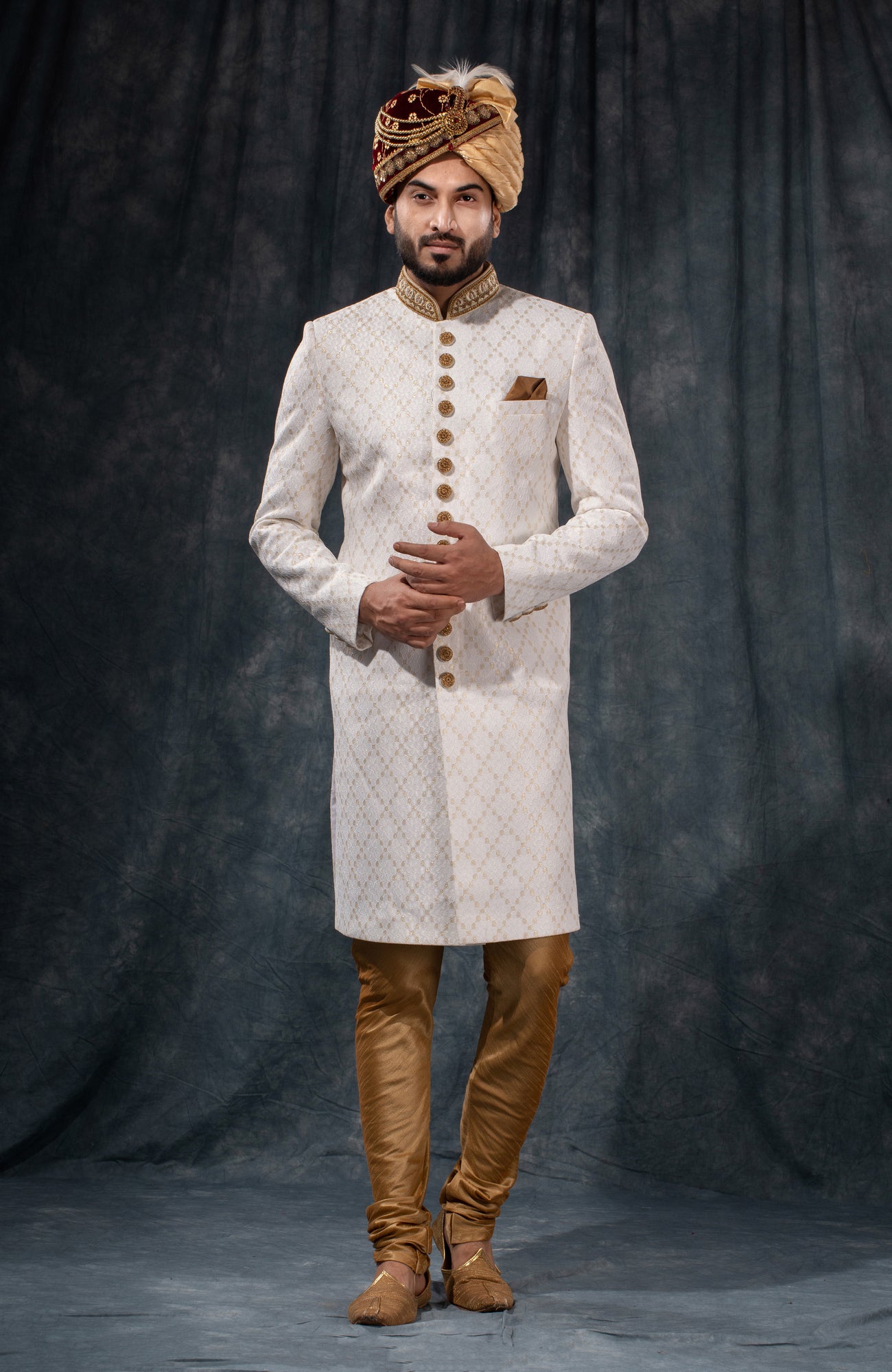 HAMSAFAR Men’s White Net Poly Viscose Sherwani