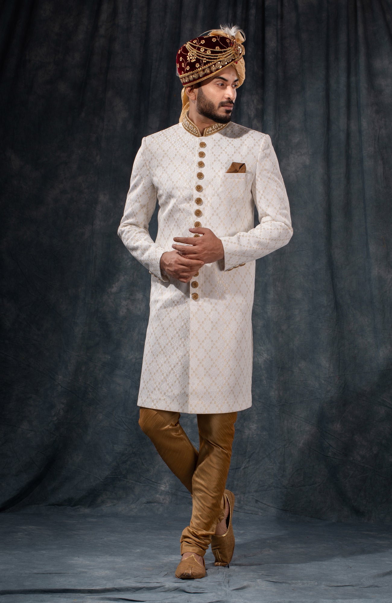 HAMSAFAR Men’s White Net Poly Viscose Sherwani