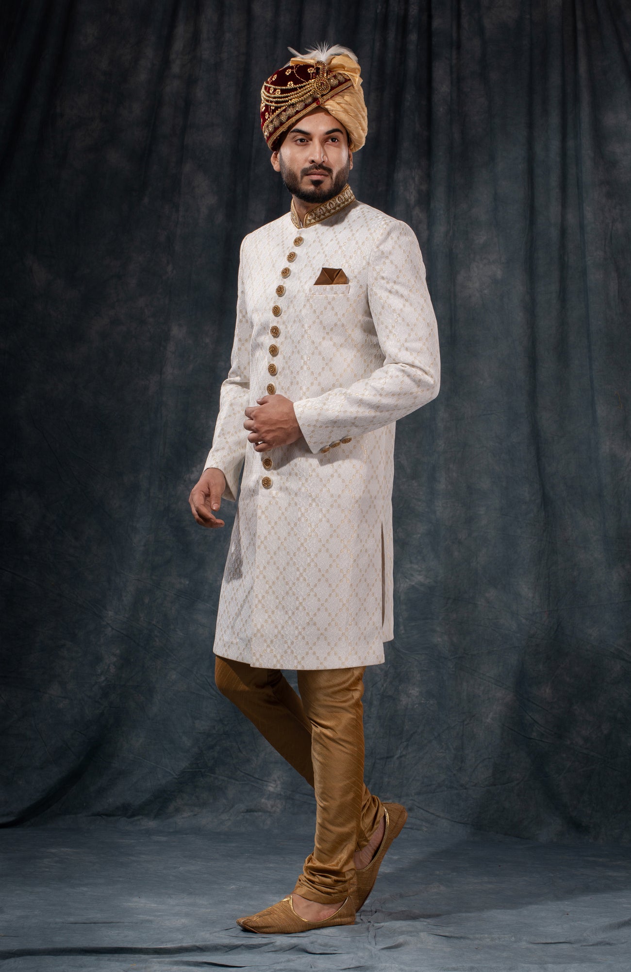 HAMSAFAR Men’s White Net Poly Viscose Sherwani