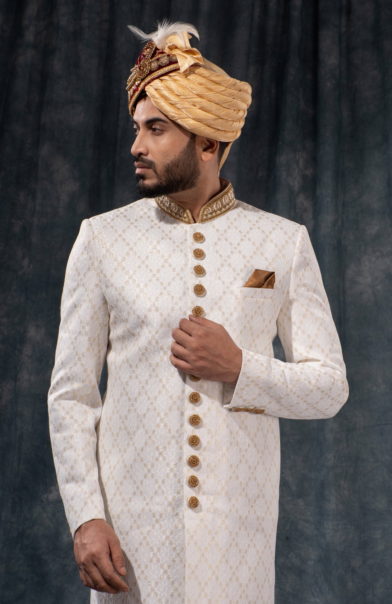 HAMSAFAR Men’s White Net Poly Viscose Sherwani