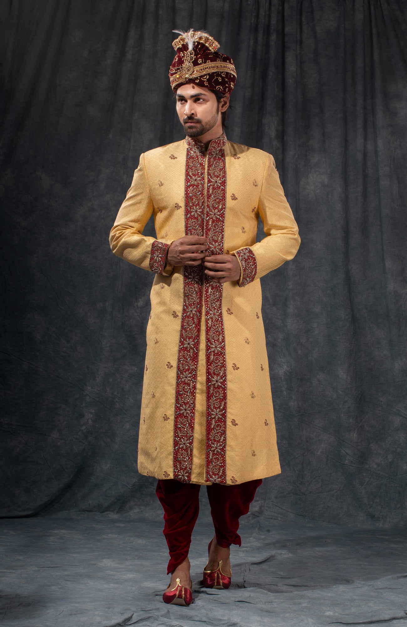 HAMSAFAR Men’s Biscuit Tusser Poly Viscose  Sherwani