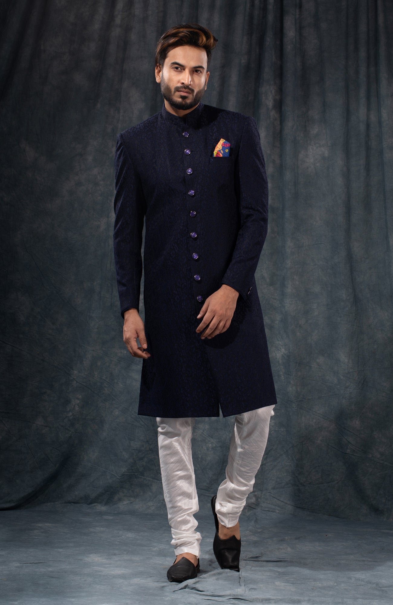 HAMSAFAR Men’s Denim Blue Satin Poly Viscose Sherwani