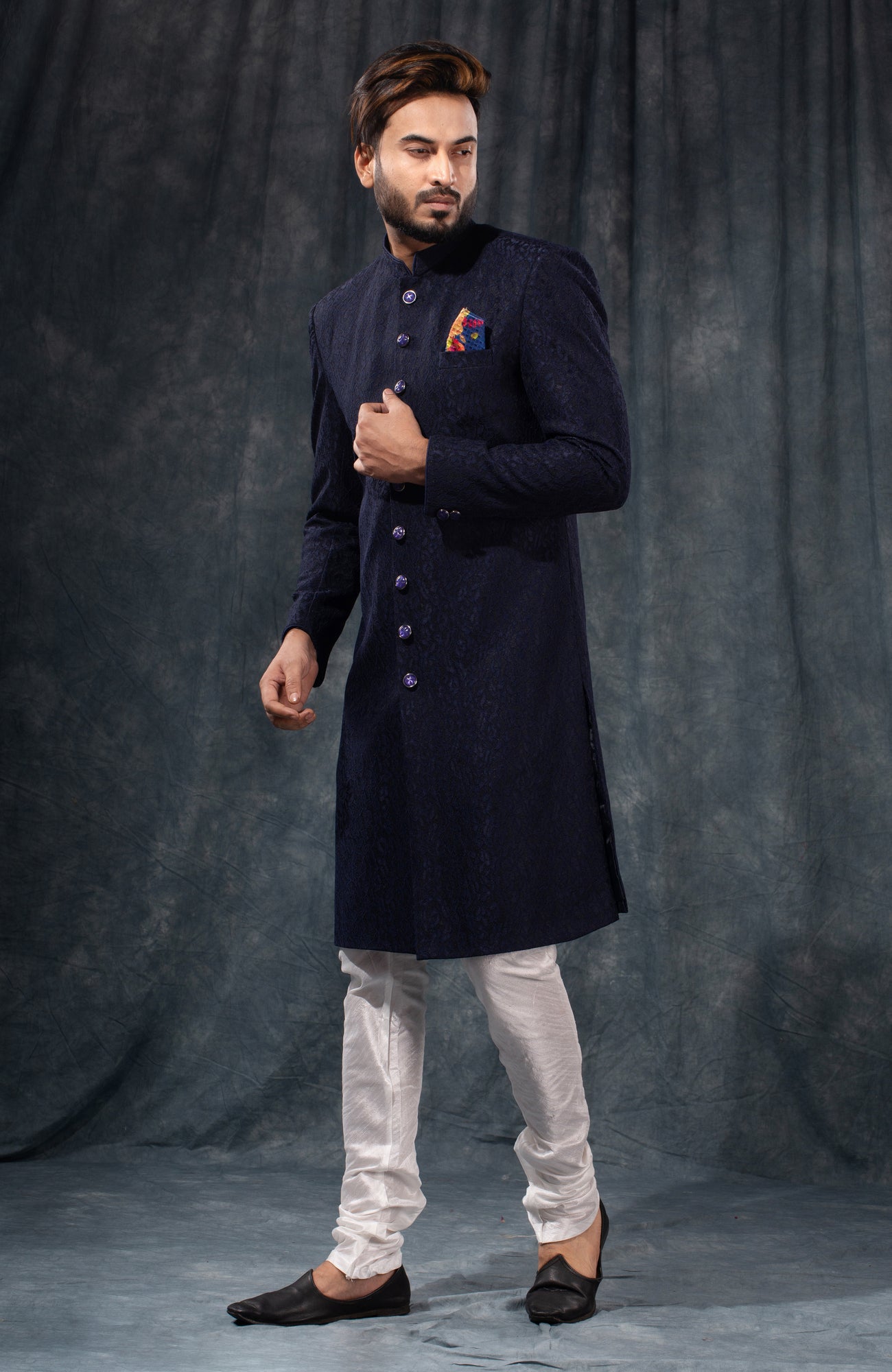 HAMSAFAR Men’s Denim Blue Satin Poly Viscose Sherwani