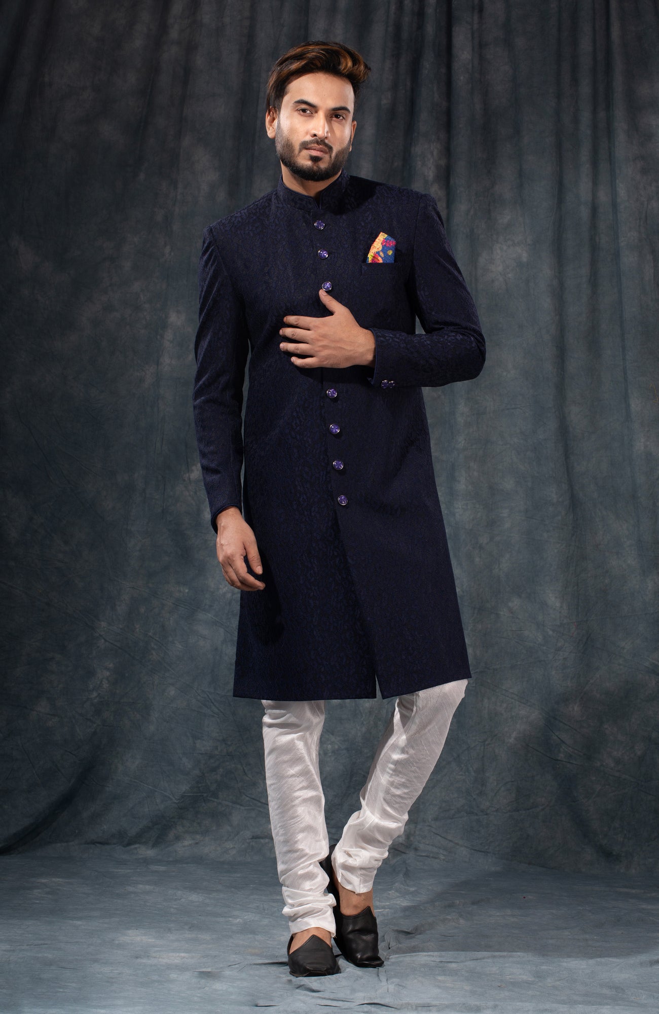 HAMSAFAR Men’s Denim Blue Satin Poly Viscose Sherwani