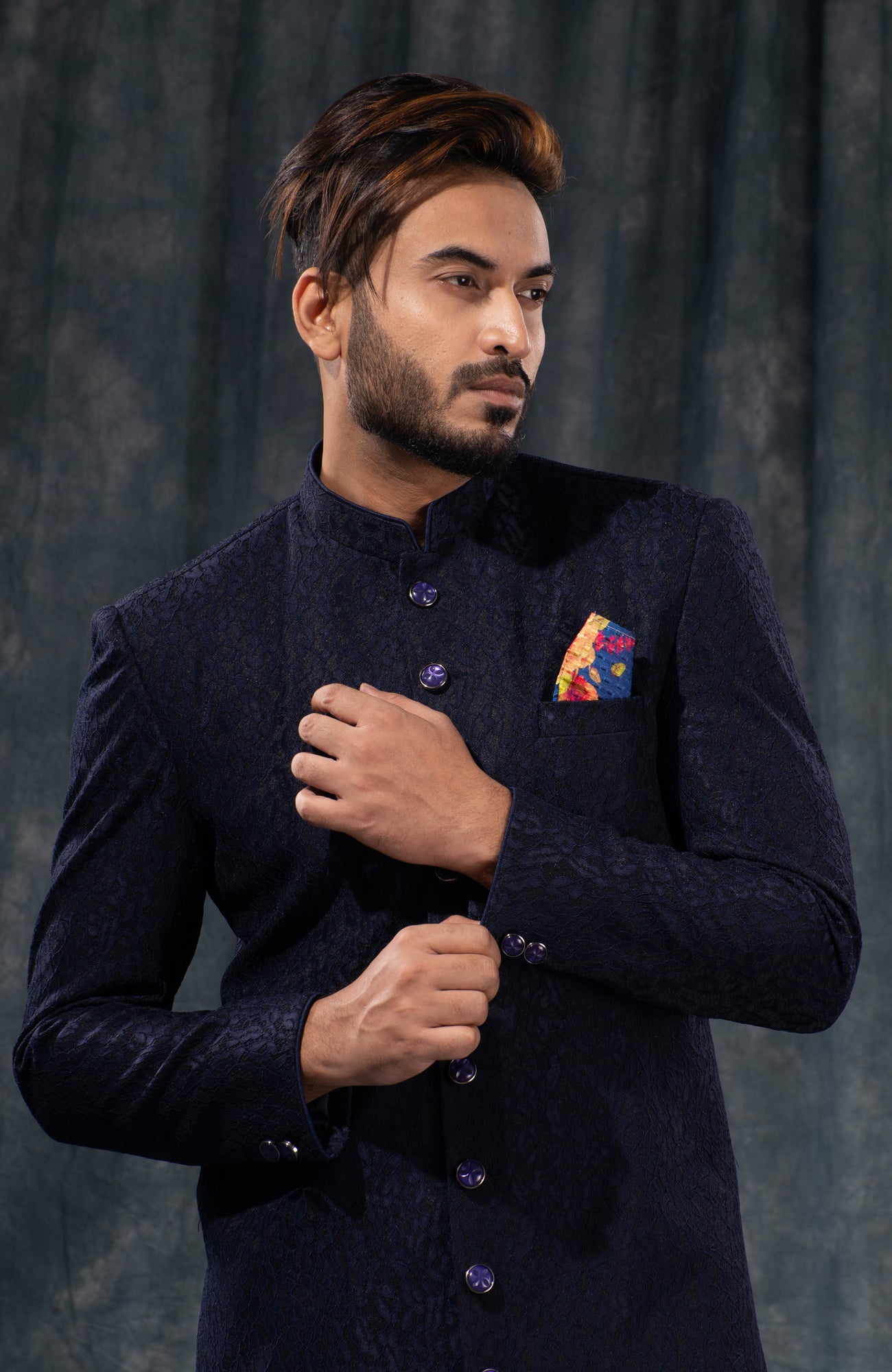 HAMSAFAR Men’s Denim Blue Satin Poly Viscose Sherwani