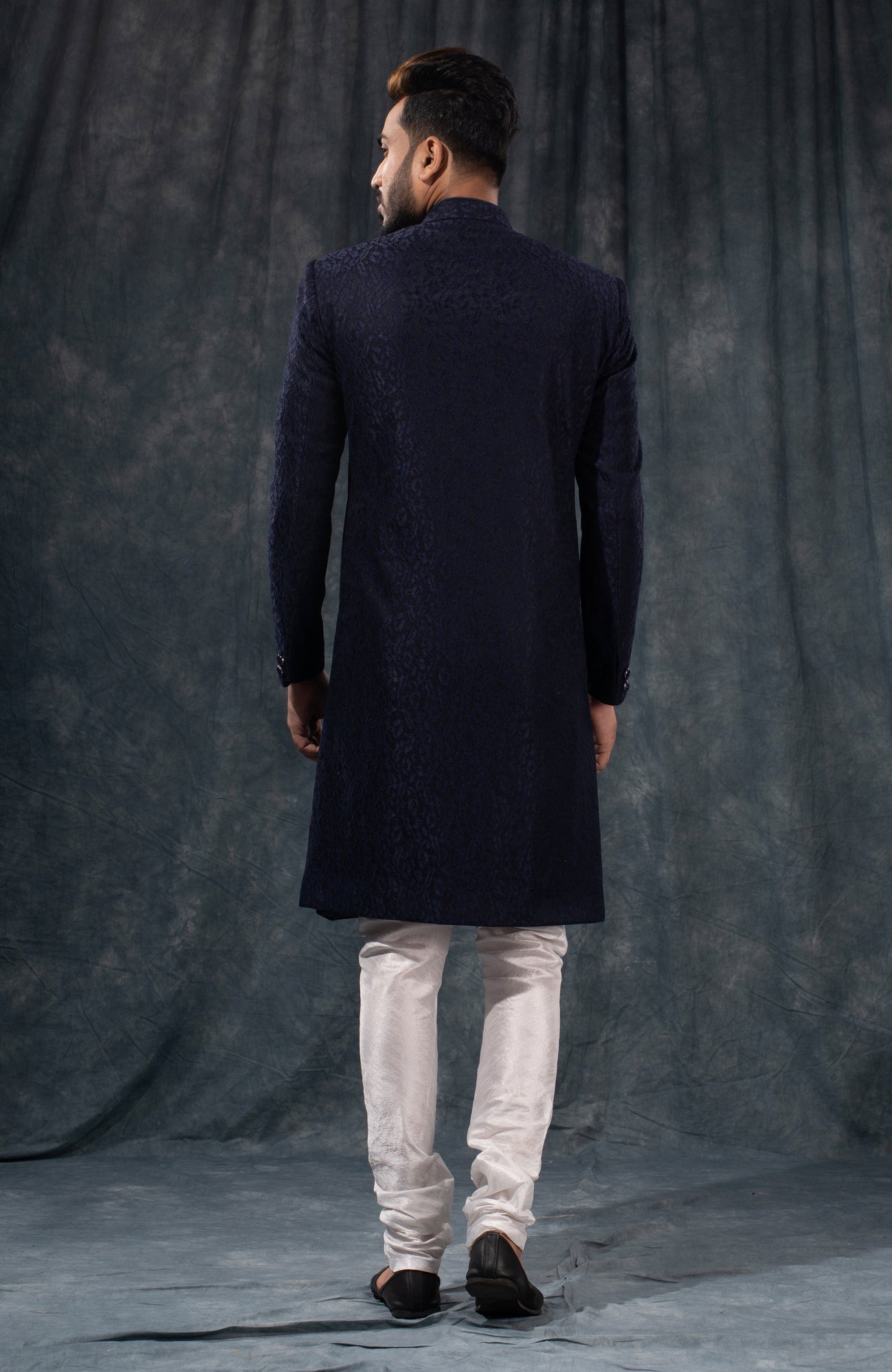 HAMSAFAR Men’s Denim Blue Satin Poly Viscose Sherwani