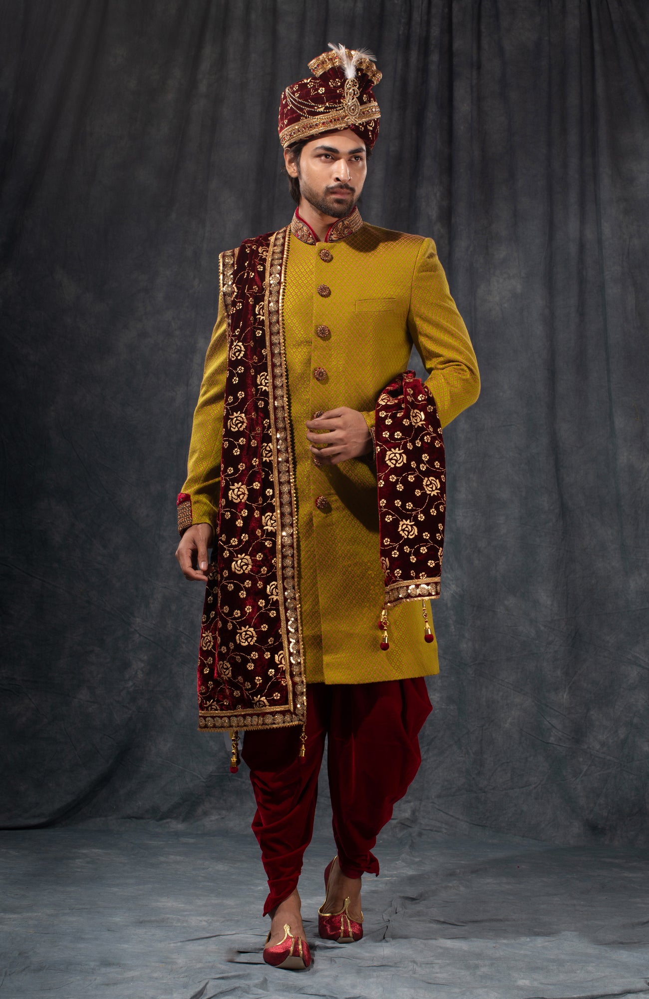 HAMSAFAR Men’s ARMY GREEN Satin Poly Viscose Sherwani