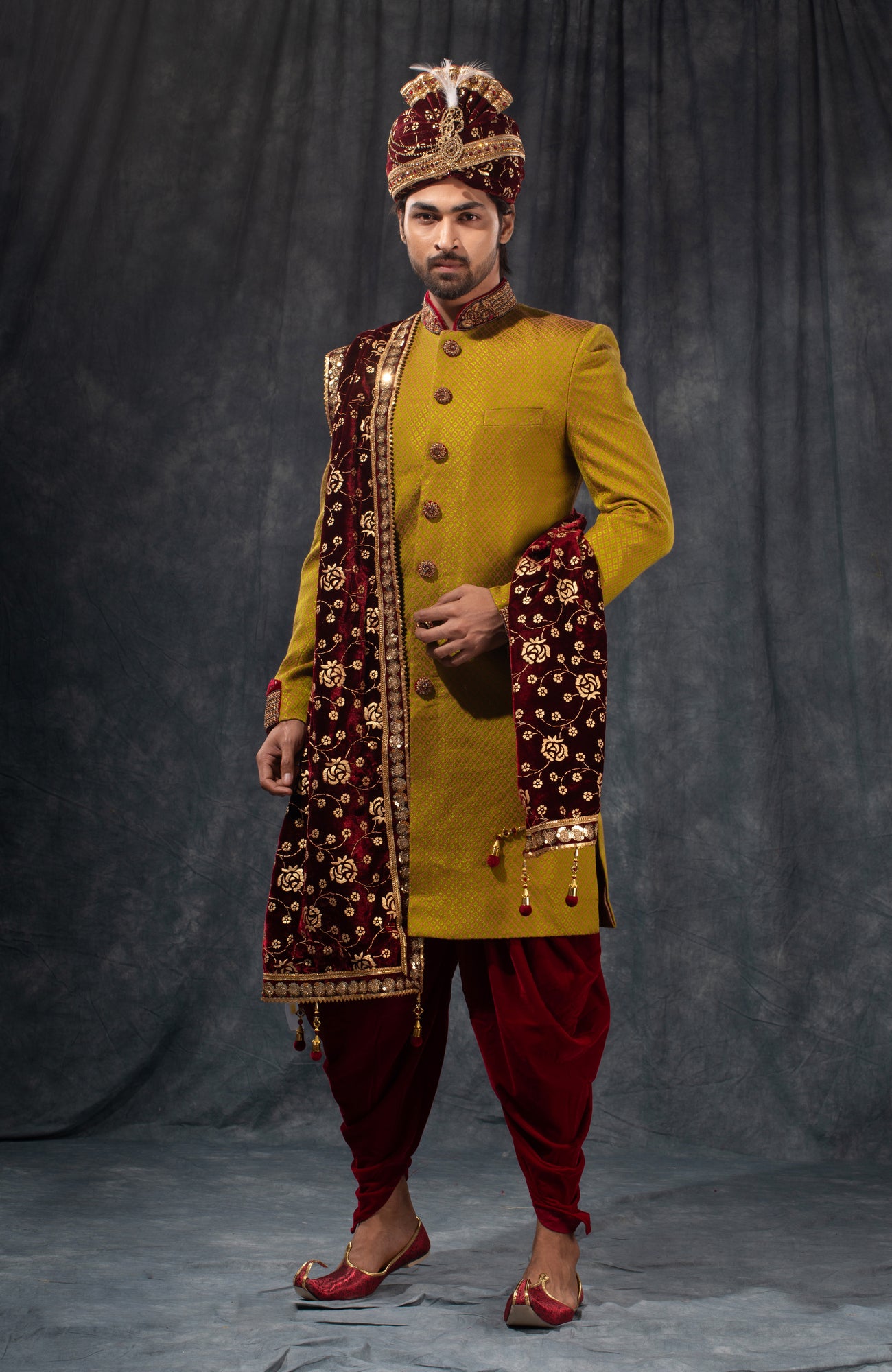 HAMSAFAR Men’s ARMY GREEN Satin Poly Viscose Sherwani