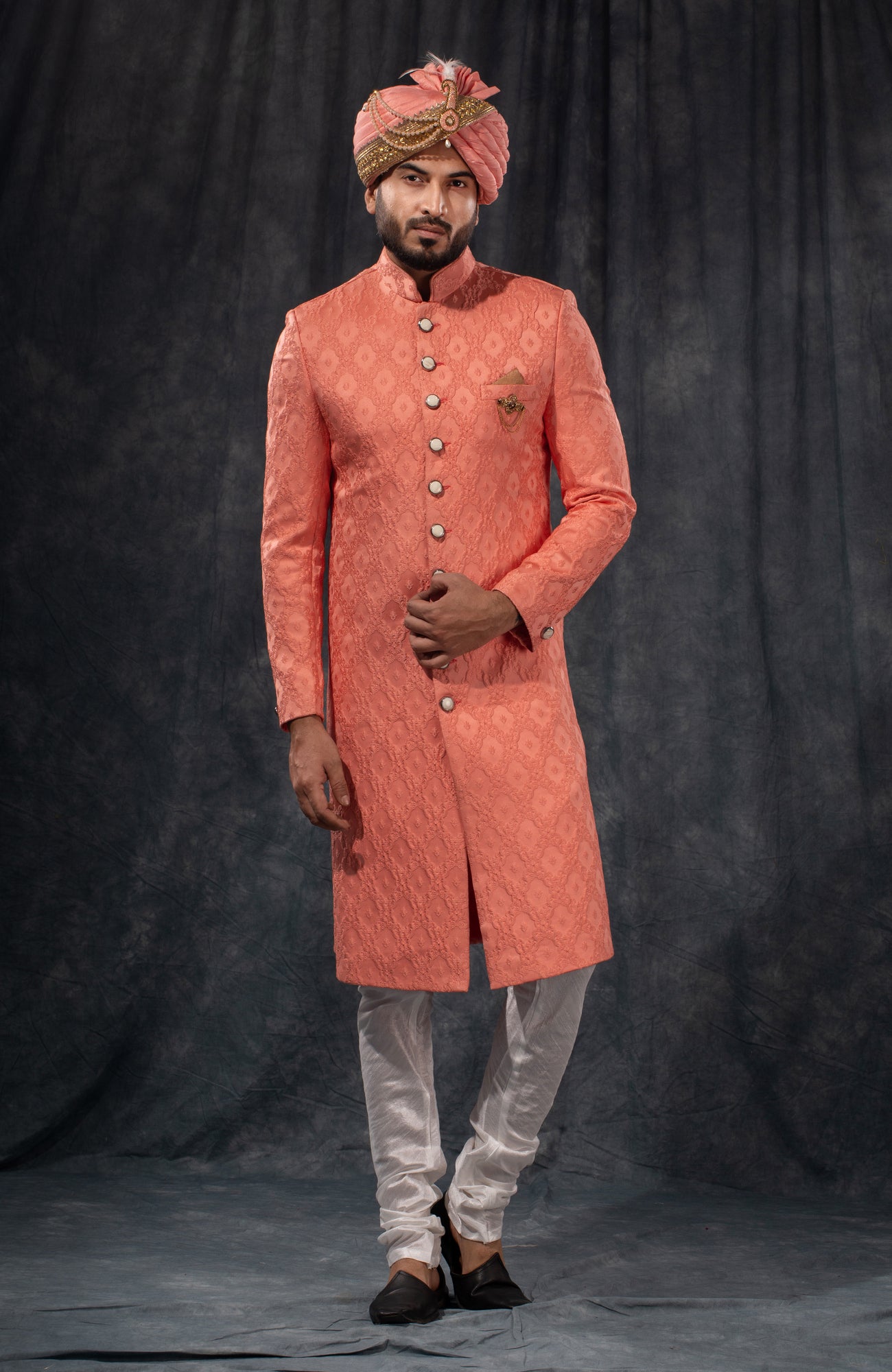 HAMSAFAR Men’s Salmon Pink Satin Poly Viscose Sherwani