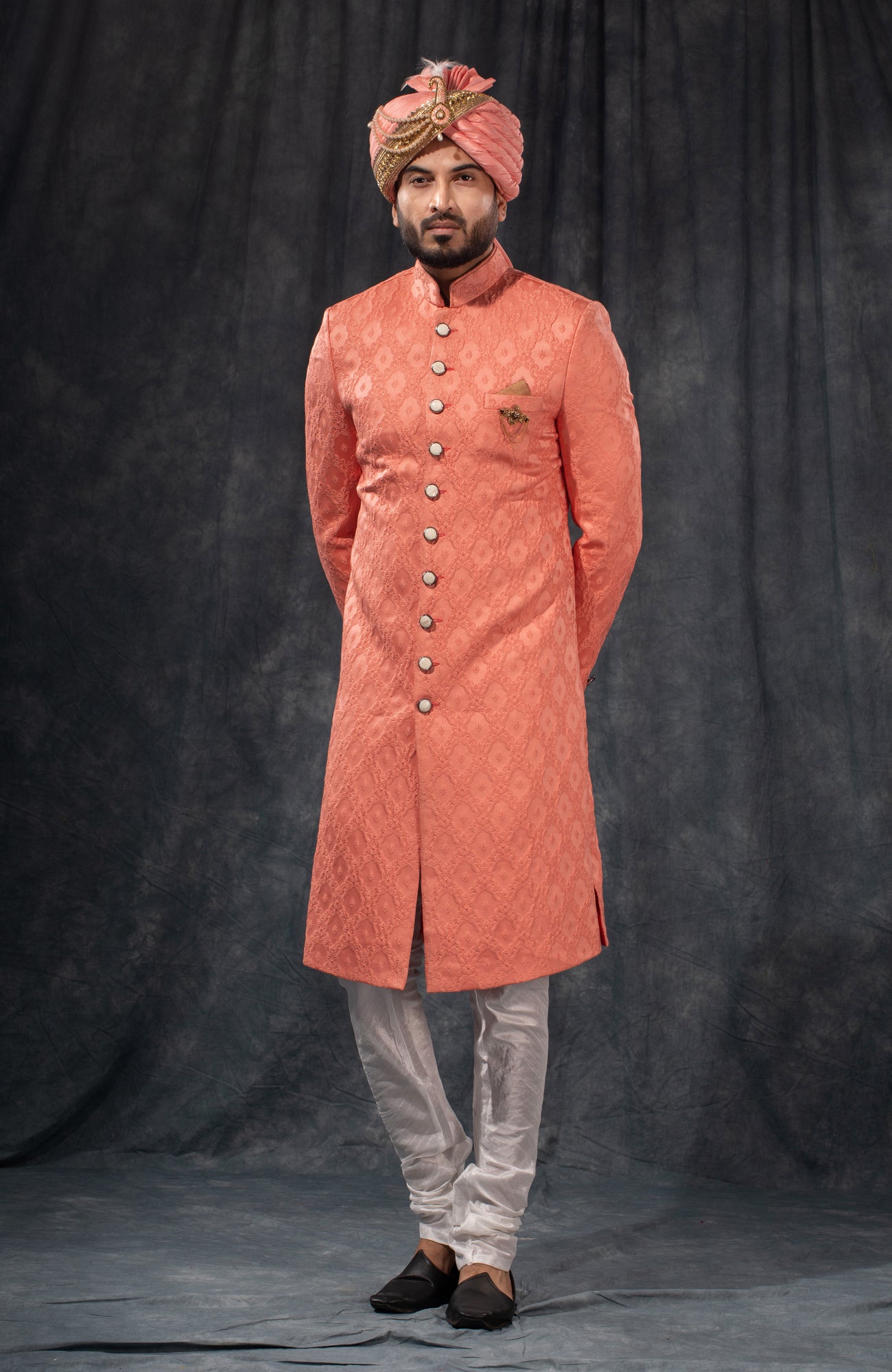 HAMSAFAR Men’s Salmon Pink Satin Poly Viscose Sherwani