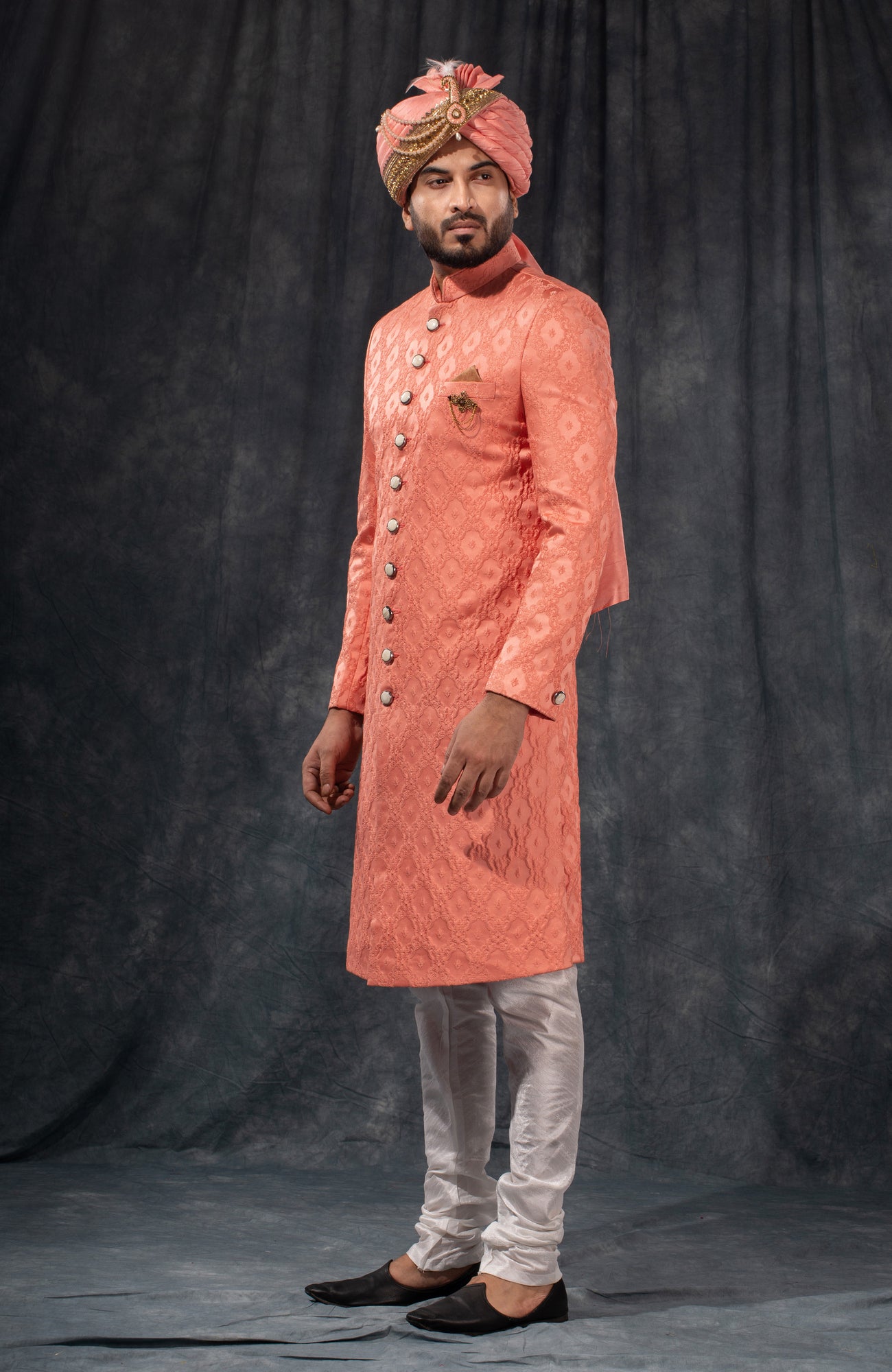 HAMSAFAR Men’s Salmon Pink Satin Poly Viscose Sherwani