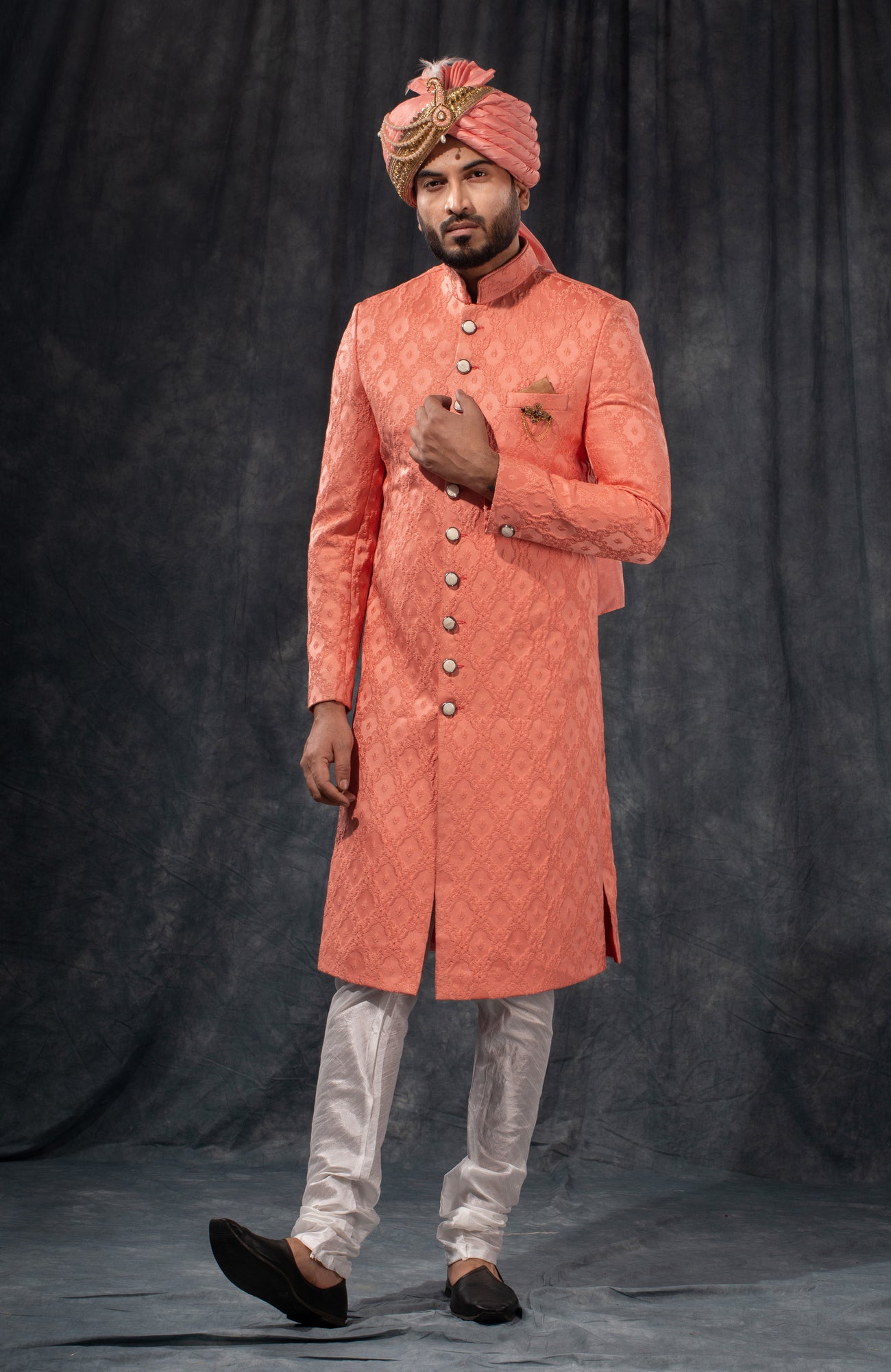 HAMSAFAR Men’s Salmon Pink Satin Poly Viscose Sherwani