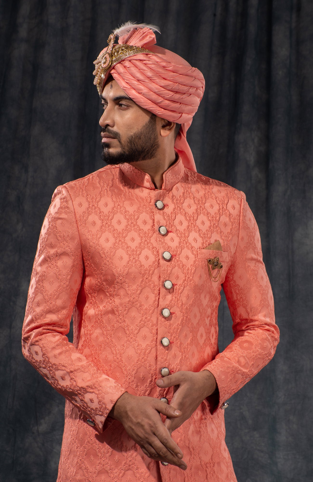 HAMSAFAR Men’s Salmon Pink Satin Poly Viscose Sherwani