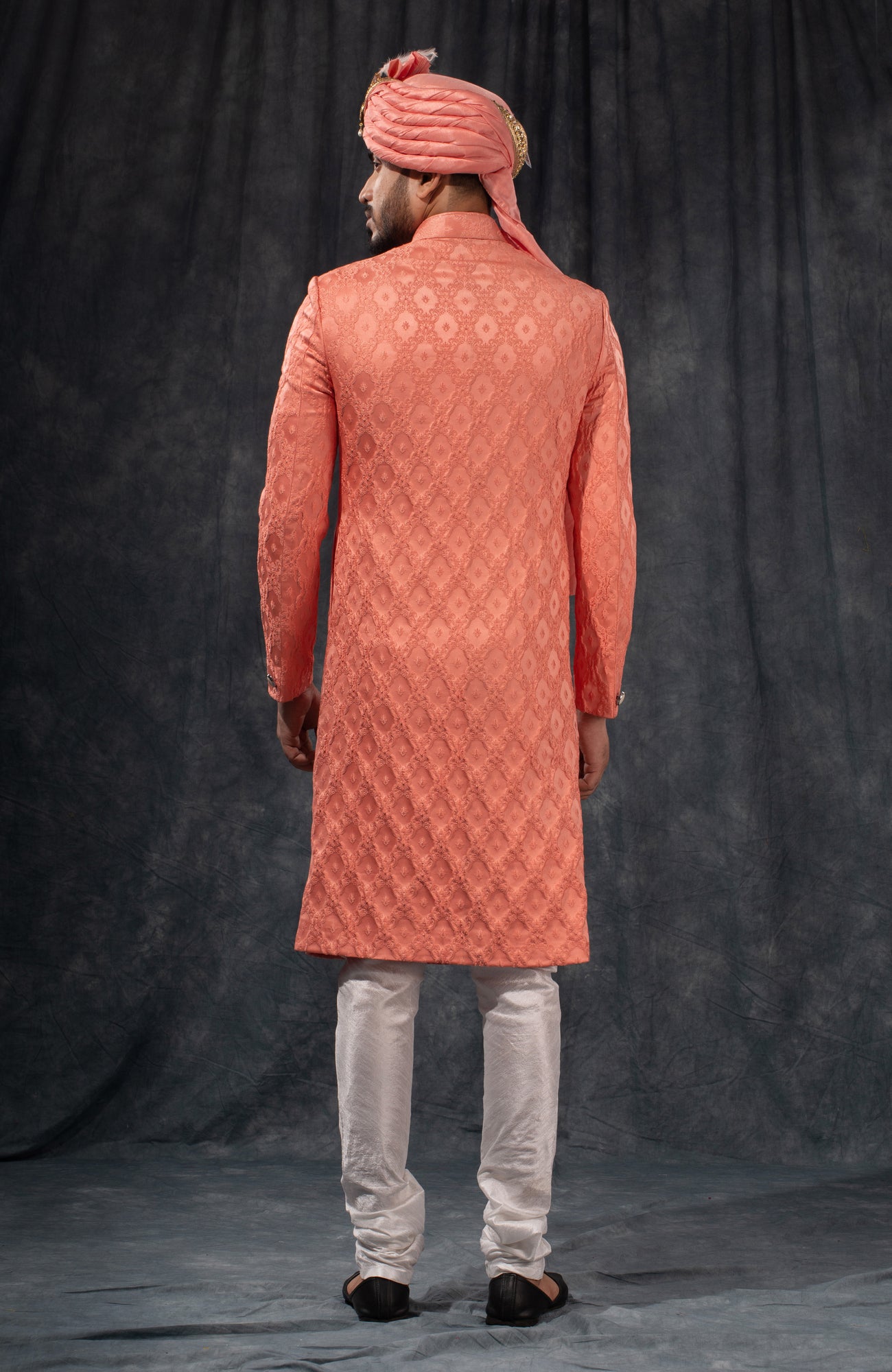 HAMSAFAR Men’s Salmon Pink Satin Poly Viscose Sherwani