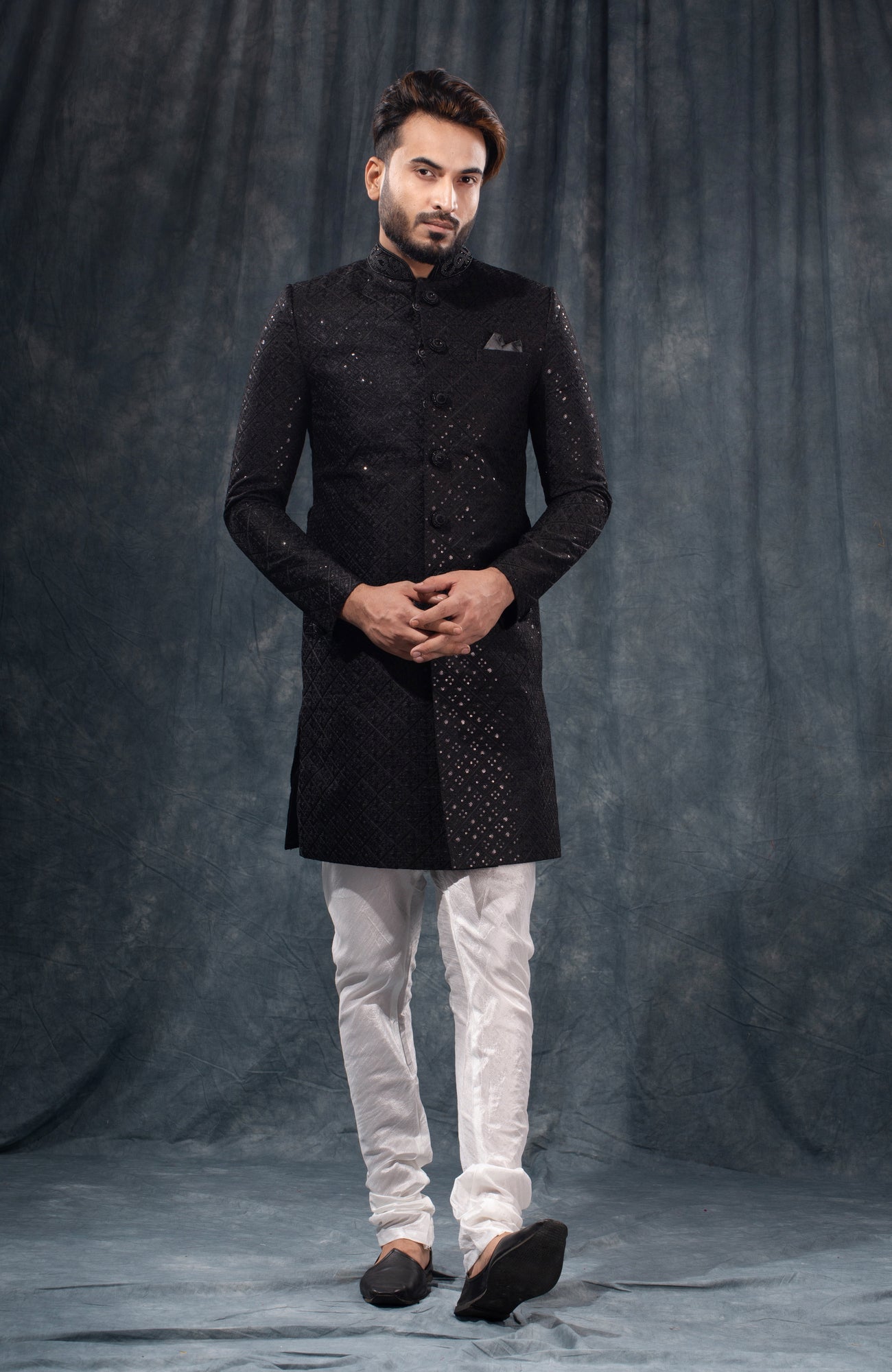 HAMSAFAR Men’s Jet Black Poly Viscose Sherwani