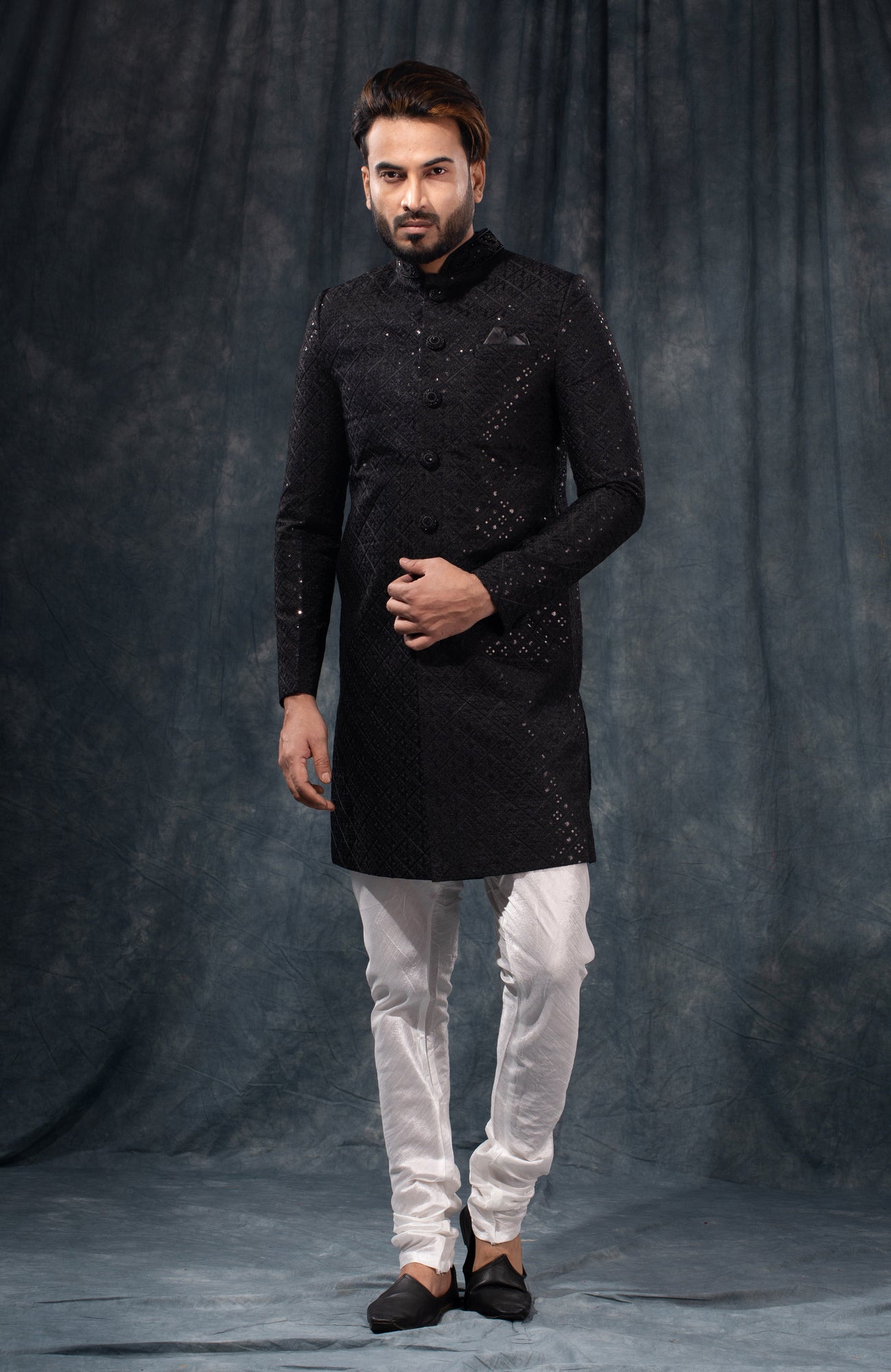 HAMSAFAR Men’s Jet Black Poly Viscose Sherwani
