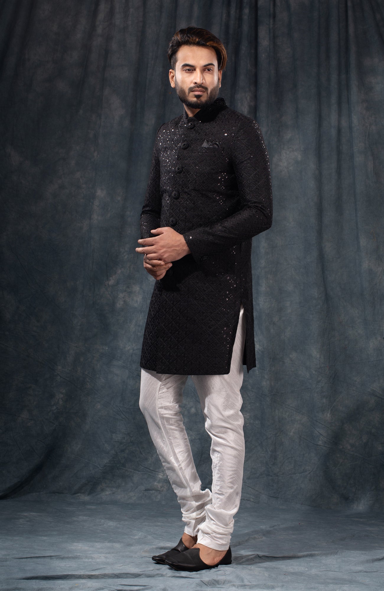 HAMSAFAR Men’s Jet Black Poly Viscose Sherwani