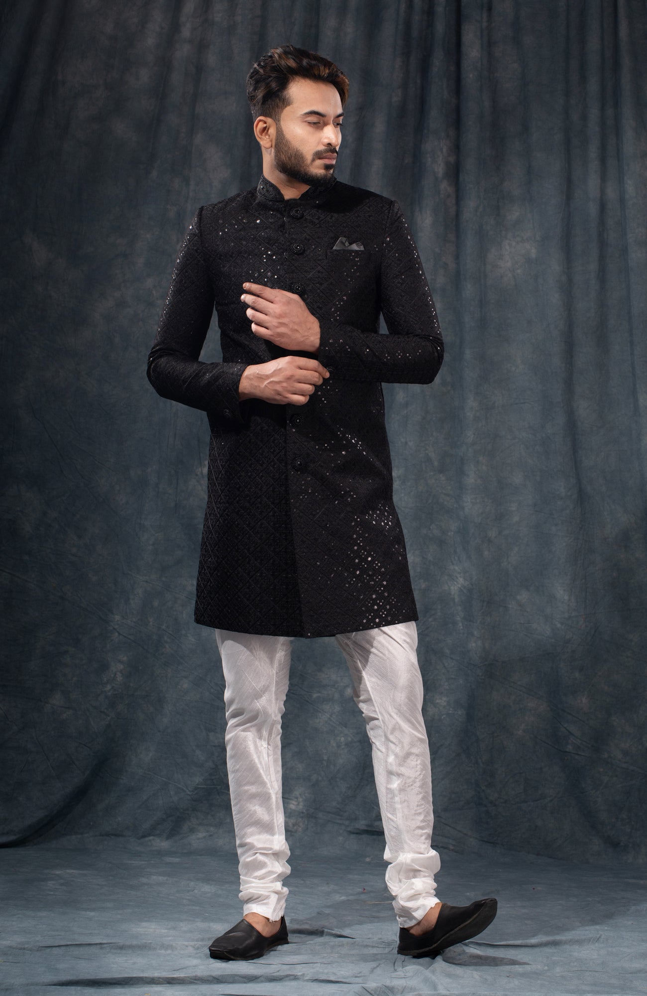 HAMSAFAR Men’s Jet Black Poly Viscose Sherwani