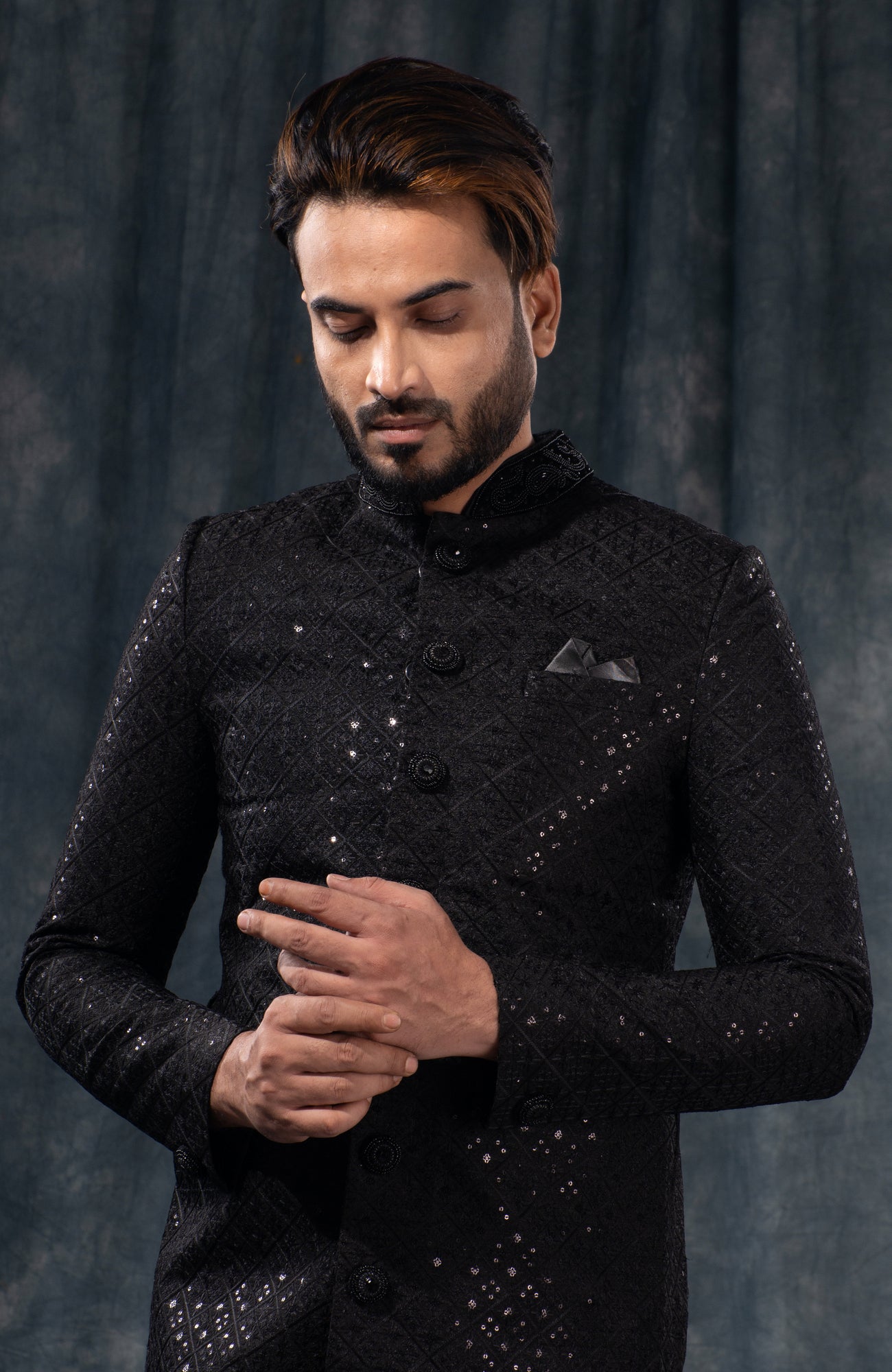 HAMSAFAR Men’s Jet Black Poly Viscose Sherwani