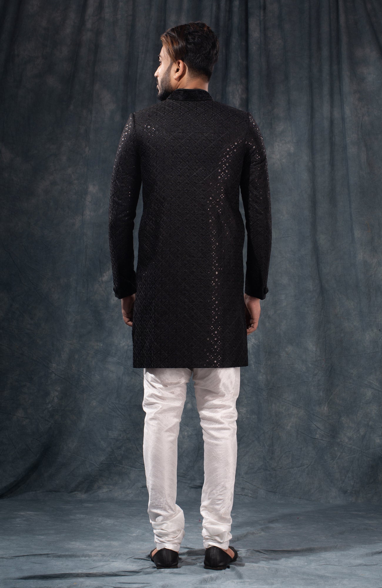 HAMSAFAR Men’s Jet Black Poly Viscose Sherwani