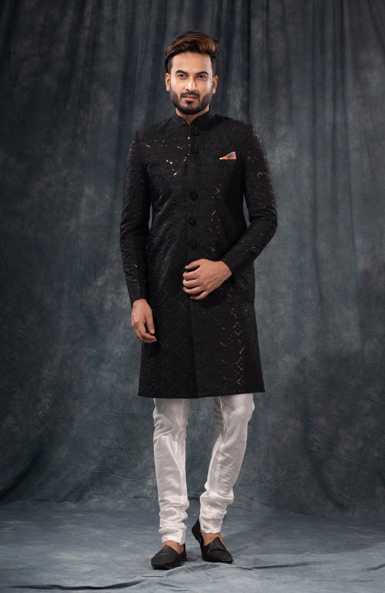 HAMSAFAR Men’s Jet Black Poly Viscose Sherwani
