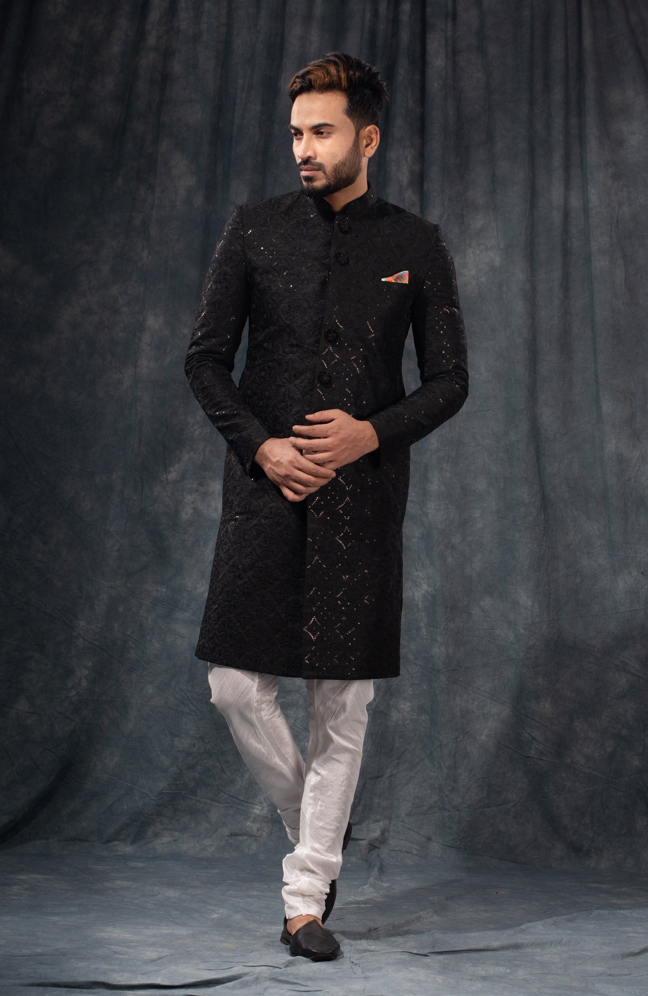 HAMSAFAR Men’s Jet Black Poly Viscose Sherwani