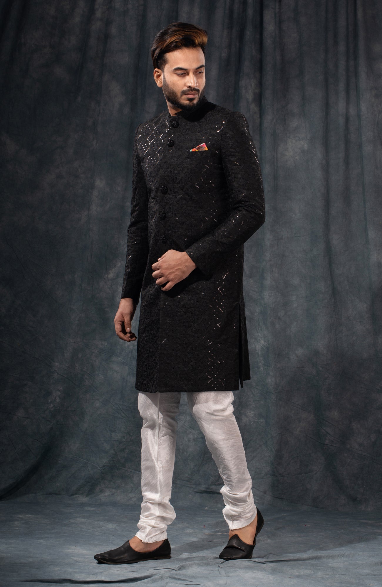 HAMSAFAR Men’s Jet Black Poly Viscose Sherwani