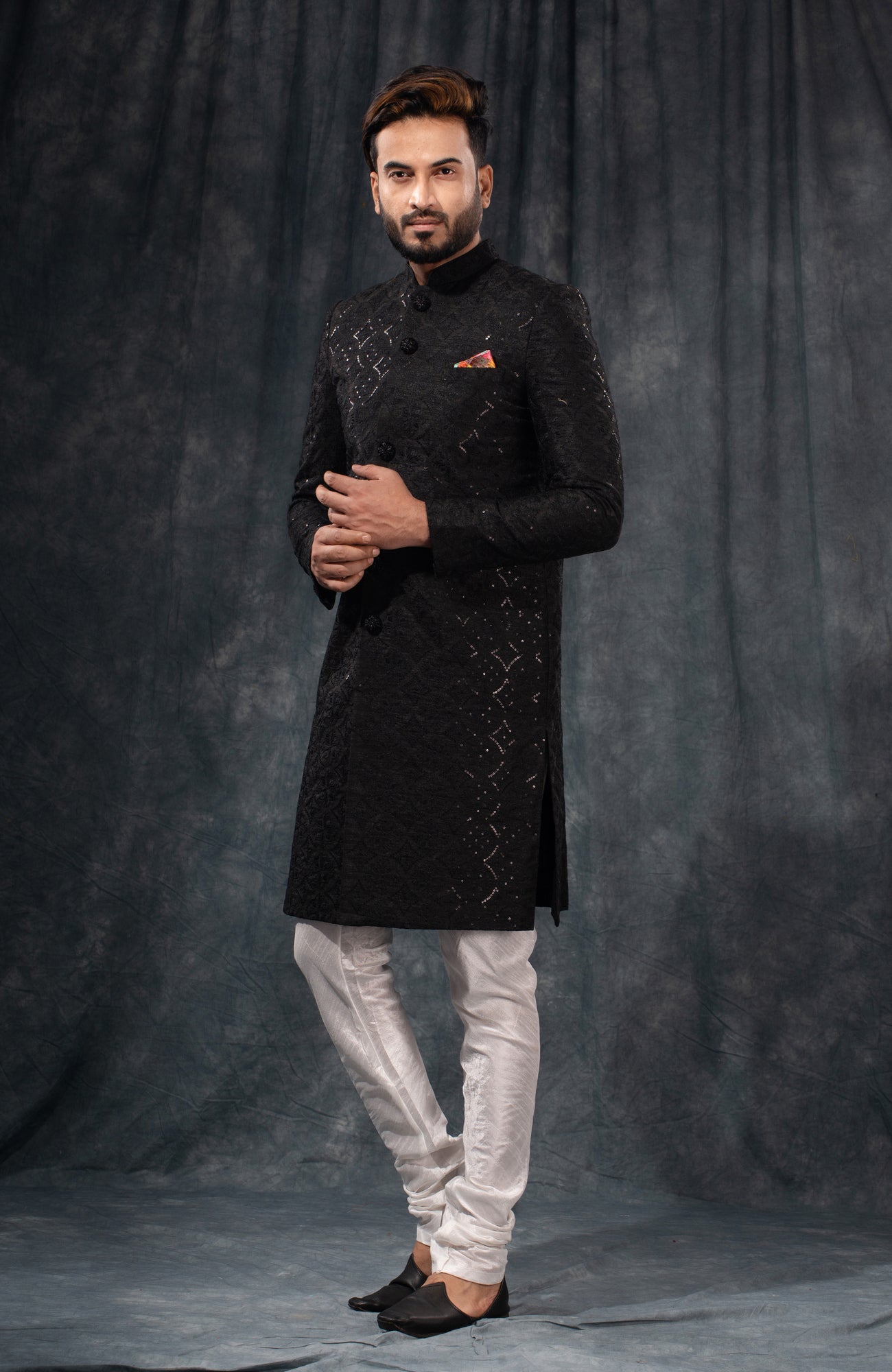 HAMSAFAR Men’s Jet Black Poly Viscose Sherwani