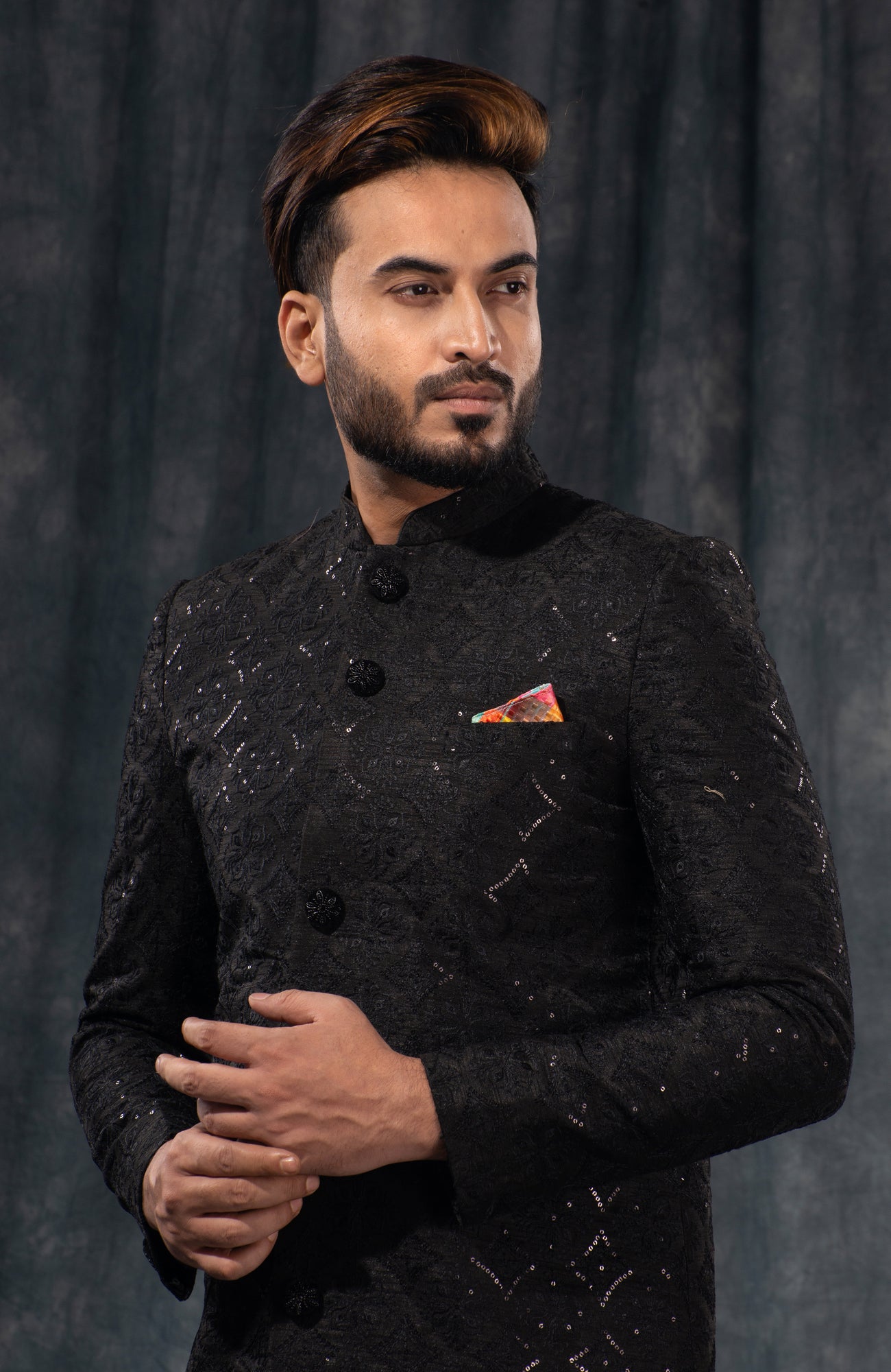 HAMSAFAR Men’s Jet Black Poly Viscose Sherwani