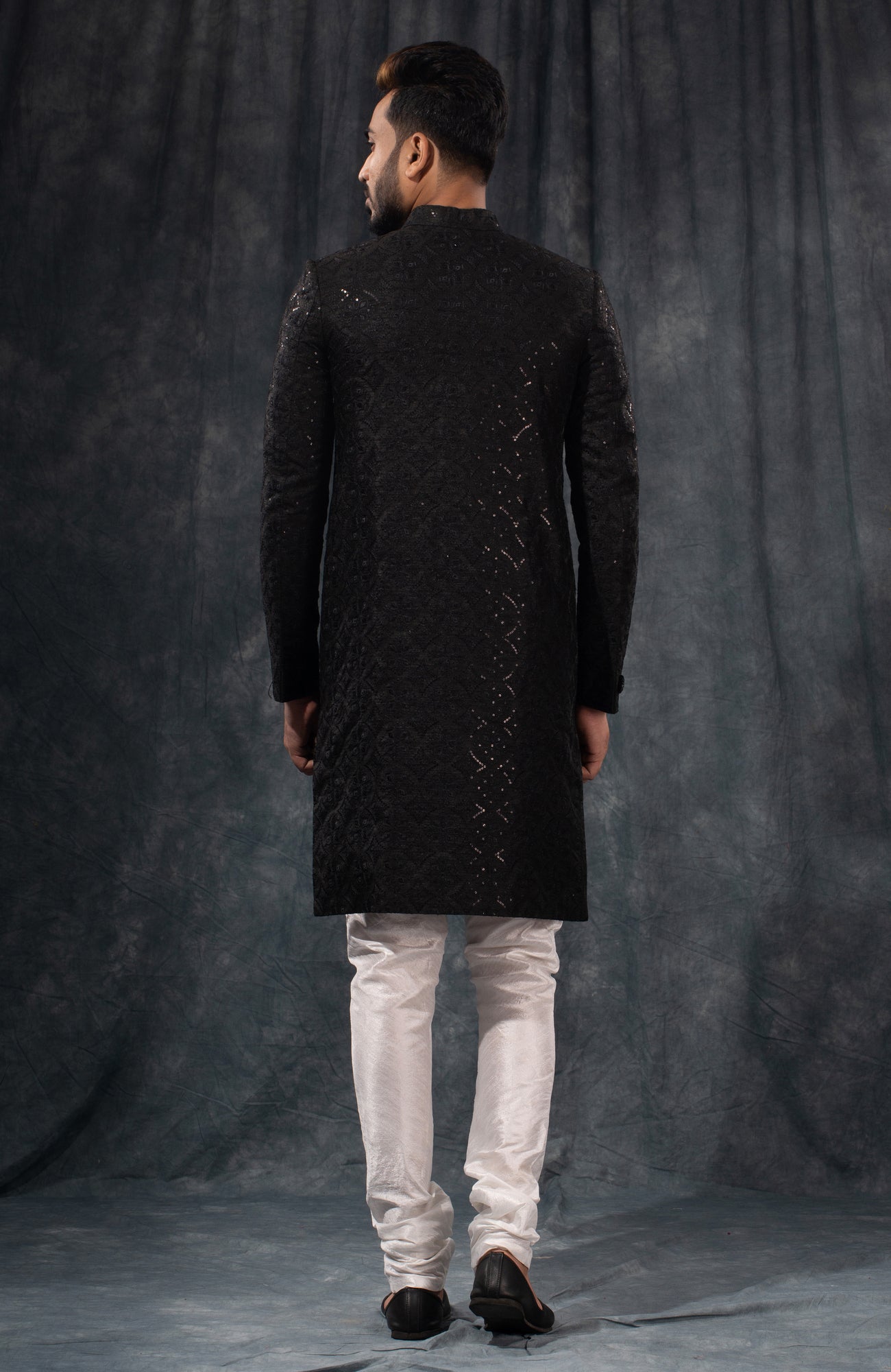 HAMSAFAR Men’s Jet Black Poly Viscose Sherwani