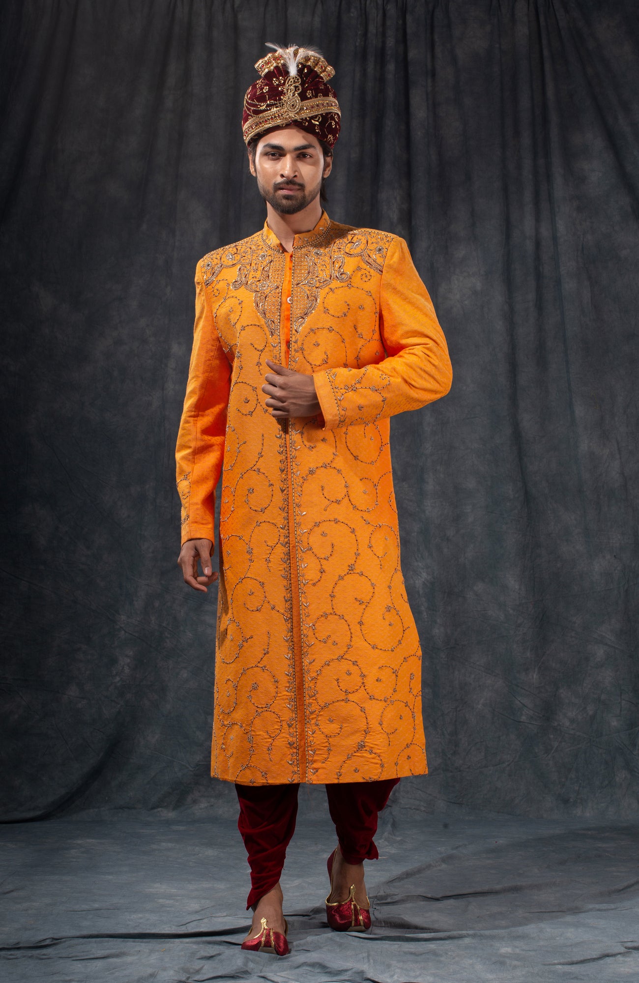 HAMSAFAR Men’s Yellowish Orange Poly Viscose Sherwani