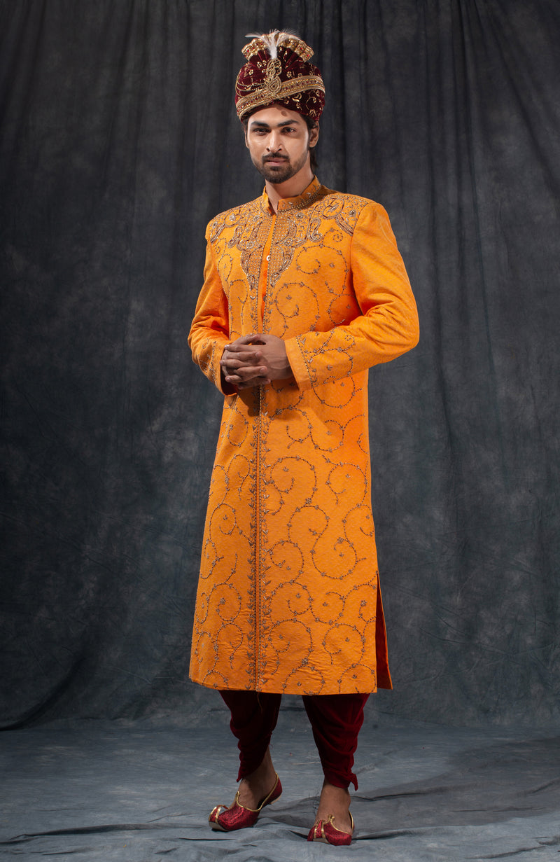 HAMSAFAR Men’s Yellowish Orange Poly Viscose Sherwani