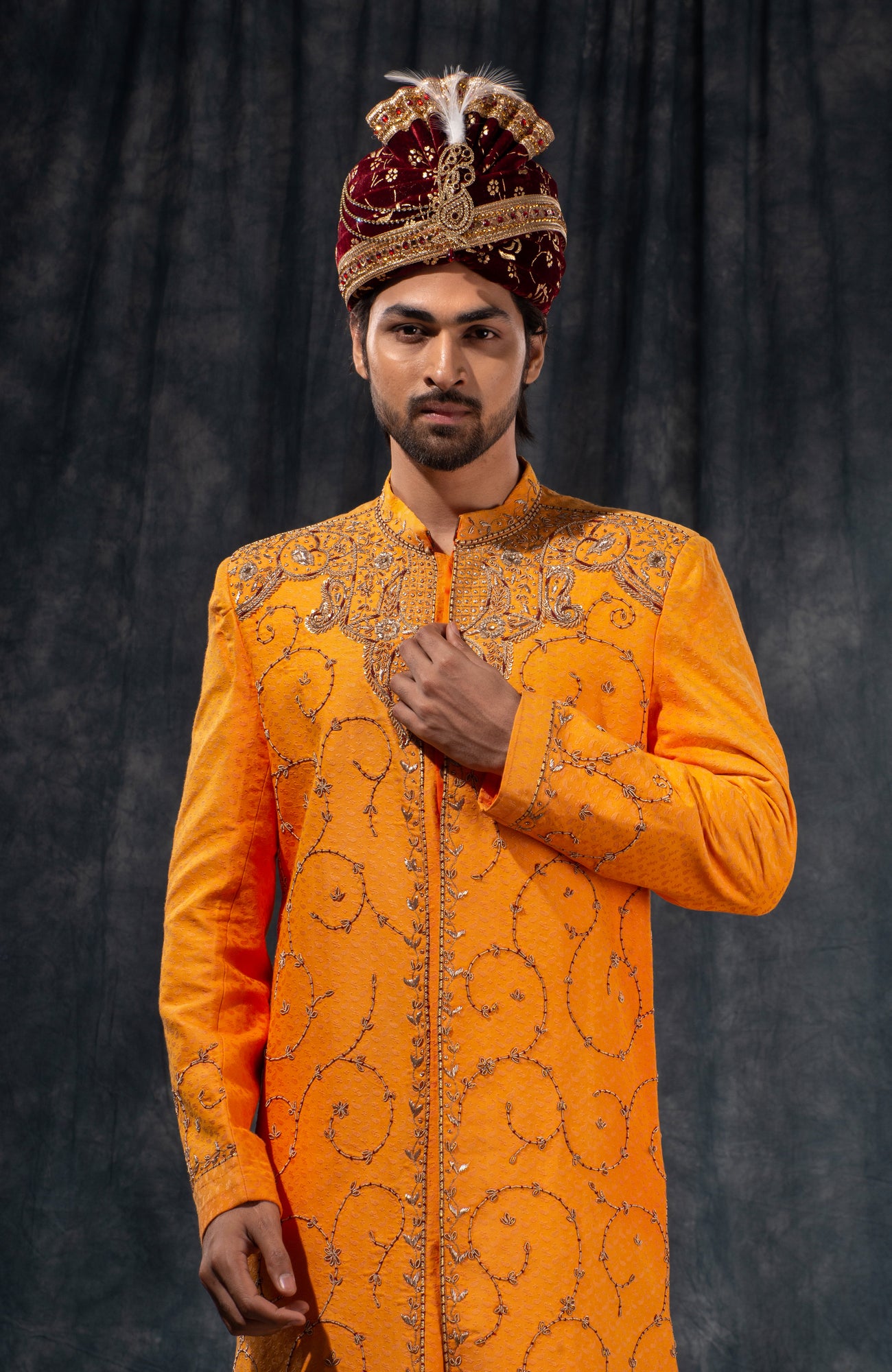 HAMSAFAR Men’s Yellowish Orange Poly Viscose Sherwani