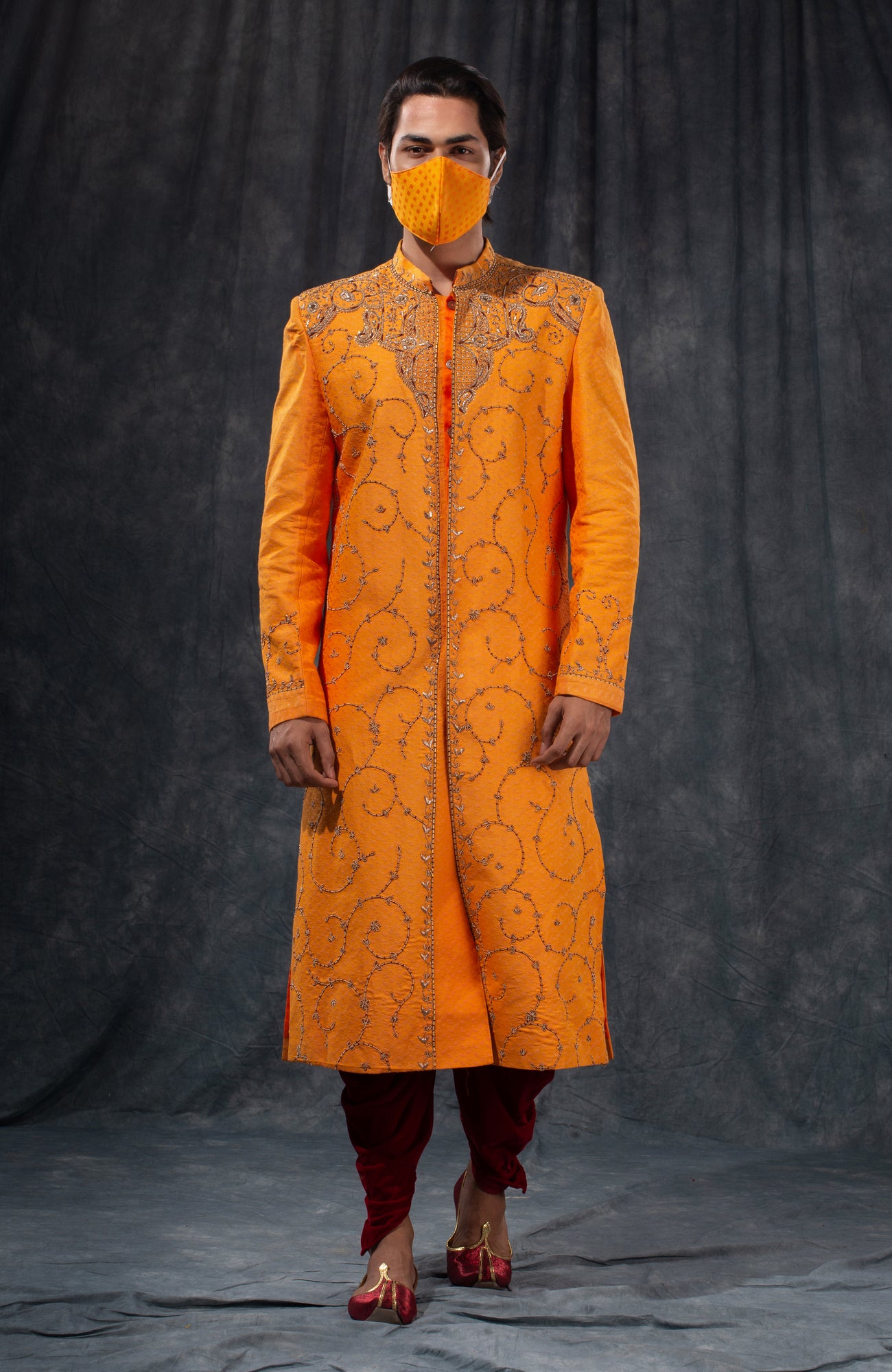 HAMSAFAR Men’s Yellowish Orange Poly Viscose Sherwani