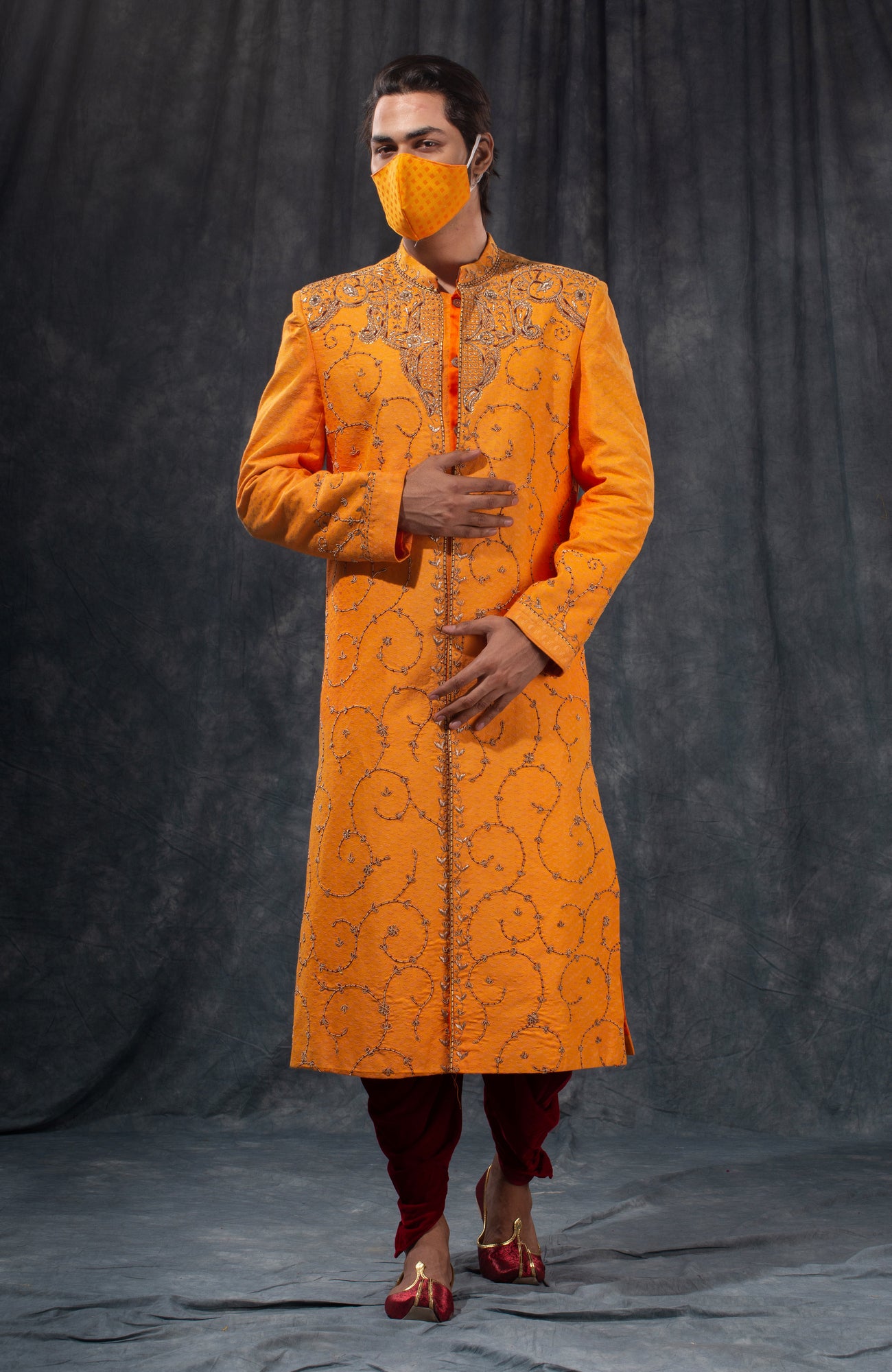 HAMSAFAR Men’s Yellowish Orange Poly Viscose Sherwani