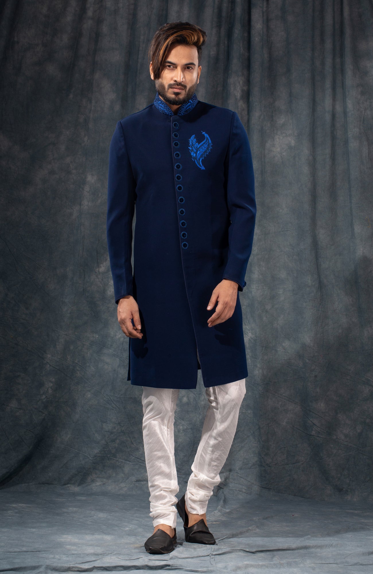 HAMSAFAR Men’s Matte Navy Blue Poly Satin Sherwani