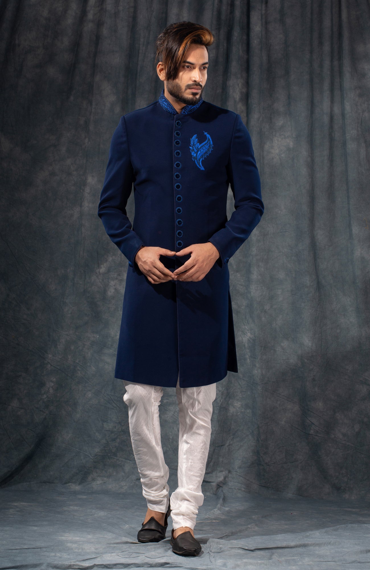 HAMSAFAR Men’s Matte Navy Blue Poly Satin Sherwani