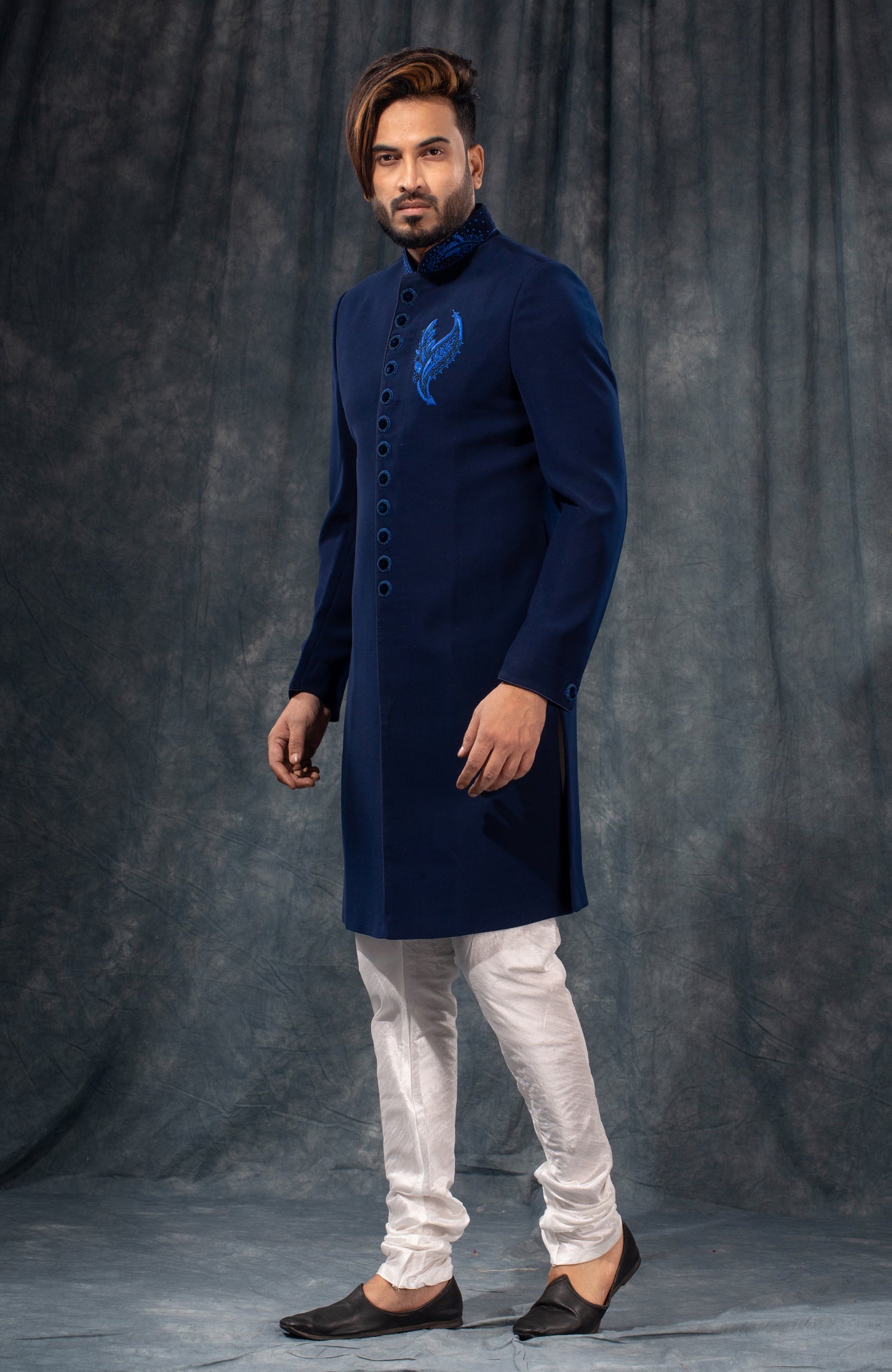 HAMSAFAR Men’s Matte Navy Blue Poly Satin Sherwani