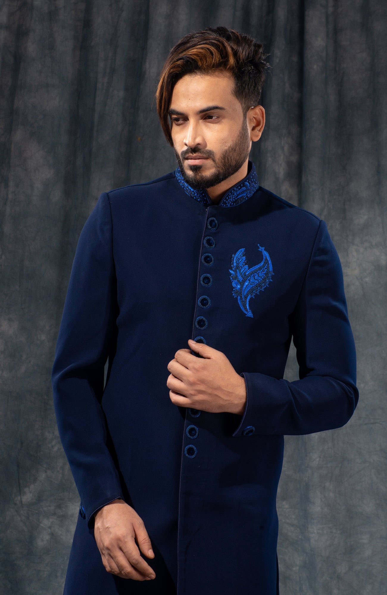 HAMSAFAR Men’s Matte Navy Blue Poly Satin Sherwani