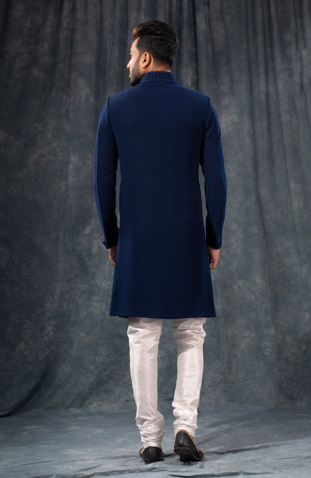 HAMSAFAR Men’s Matte Navy Blue Poly Satin Sherwani