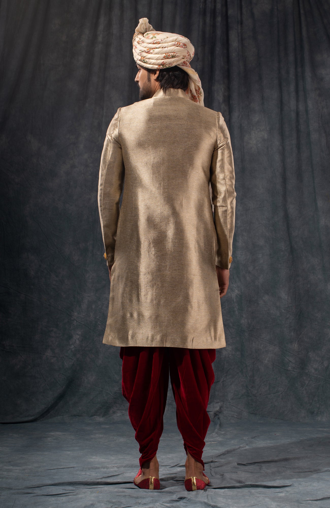 HAMSAFAR Men’s Greyish Golden Tussar Poly Satin Jacquard Sherwani