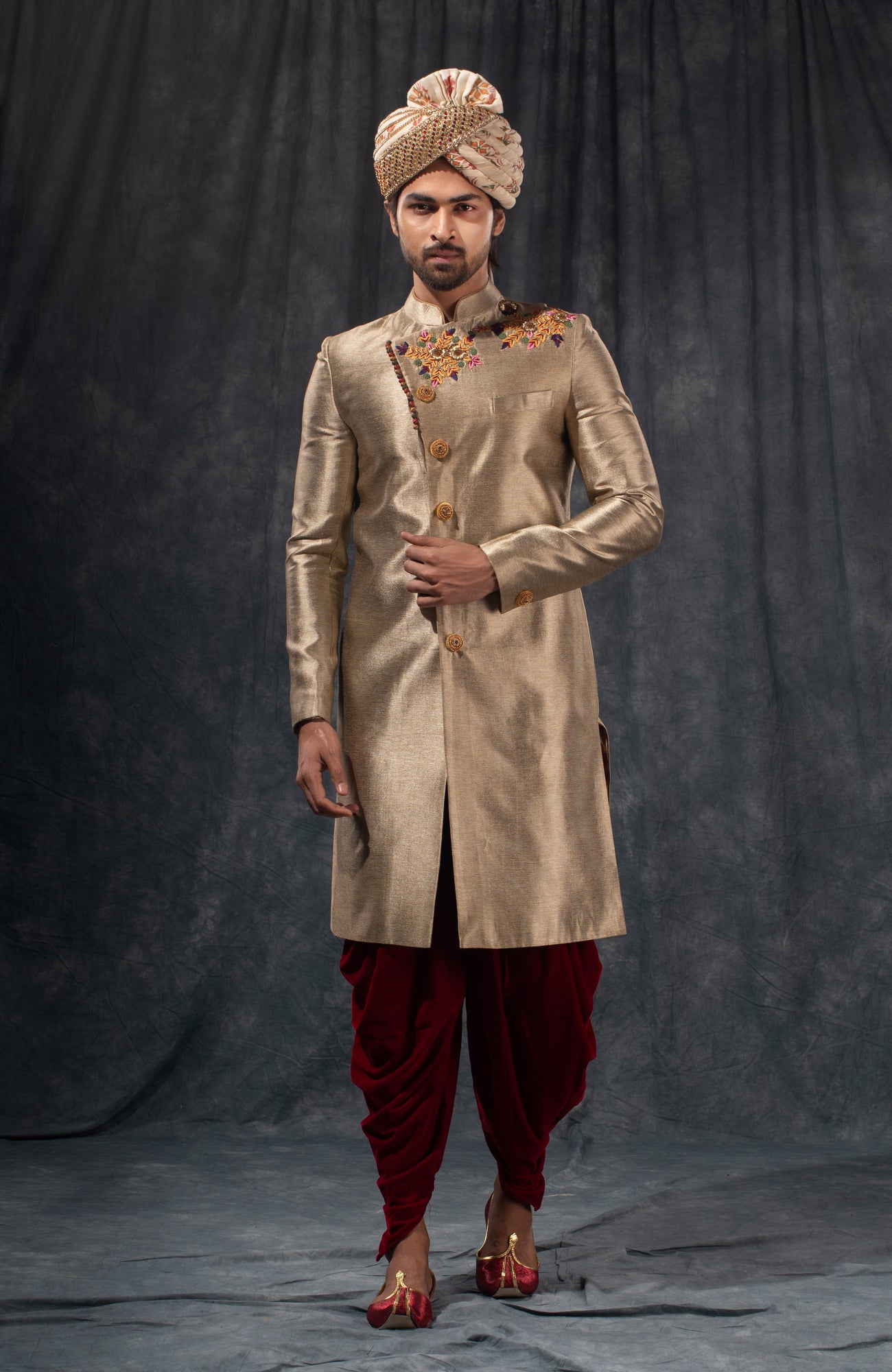 HAMSAFAR Men’s Greyish Golden Tussar Poly Satin Jacquard Sherwani