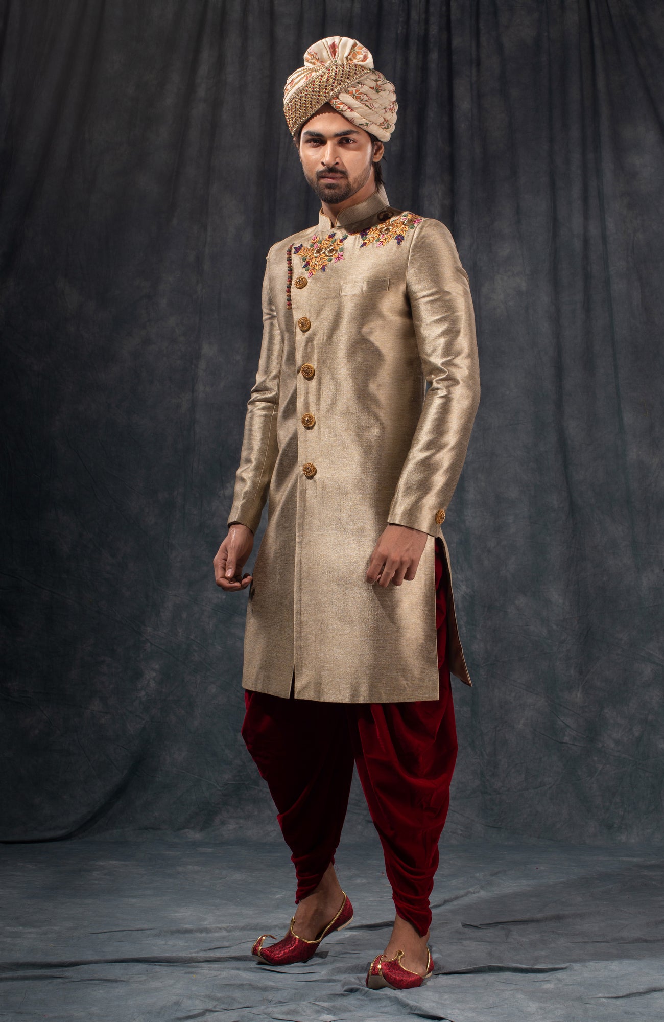 HAMSAFAR Men’s Greyish Golden Tussar Poly Satin Jacquard Sherwani