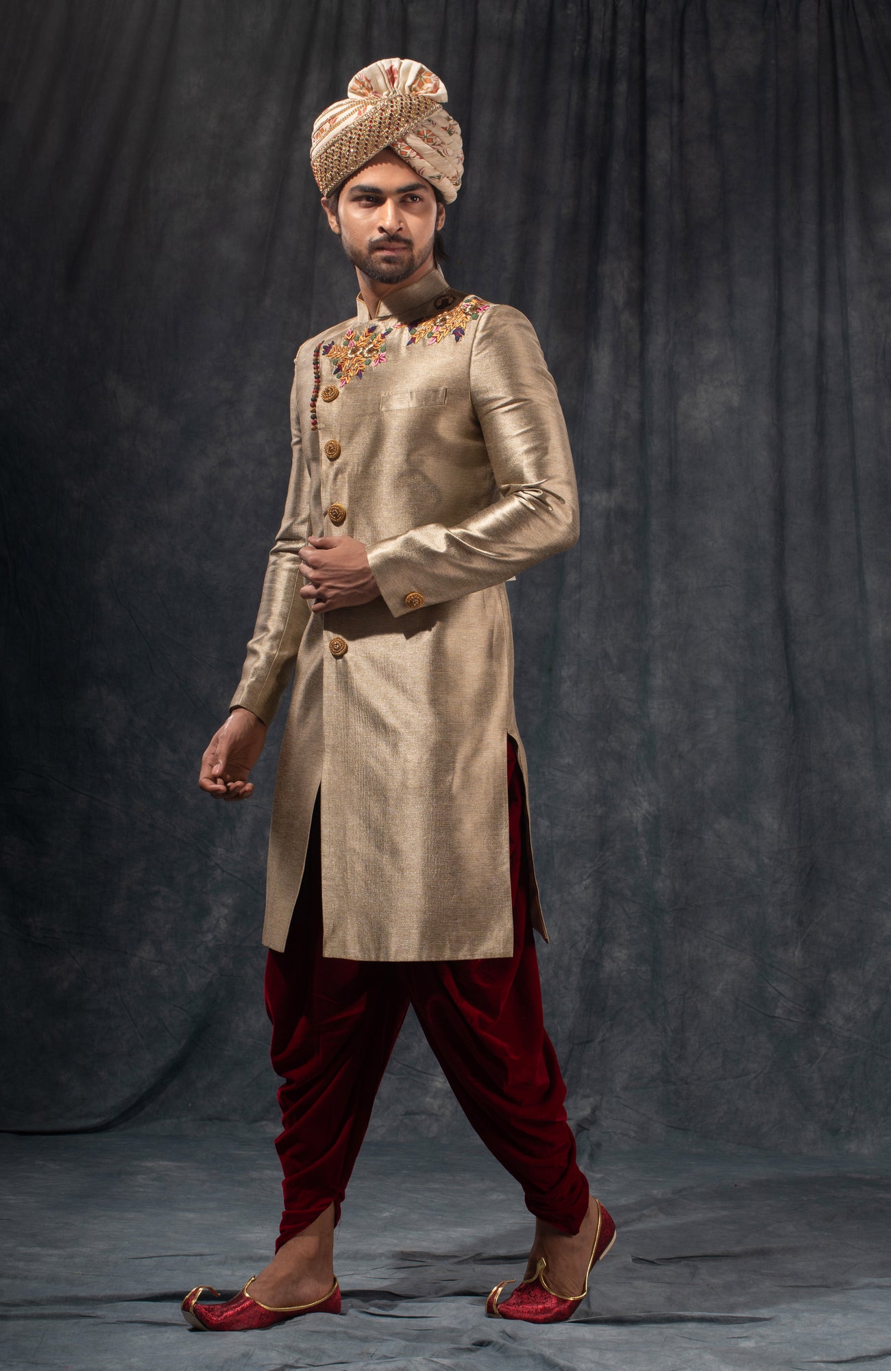 HAMSAFAR Men’s Greyish Golden Tussar Poly Satin Jacquard Sherwani