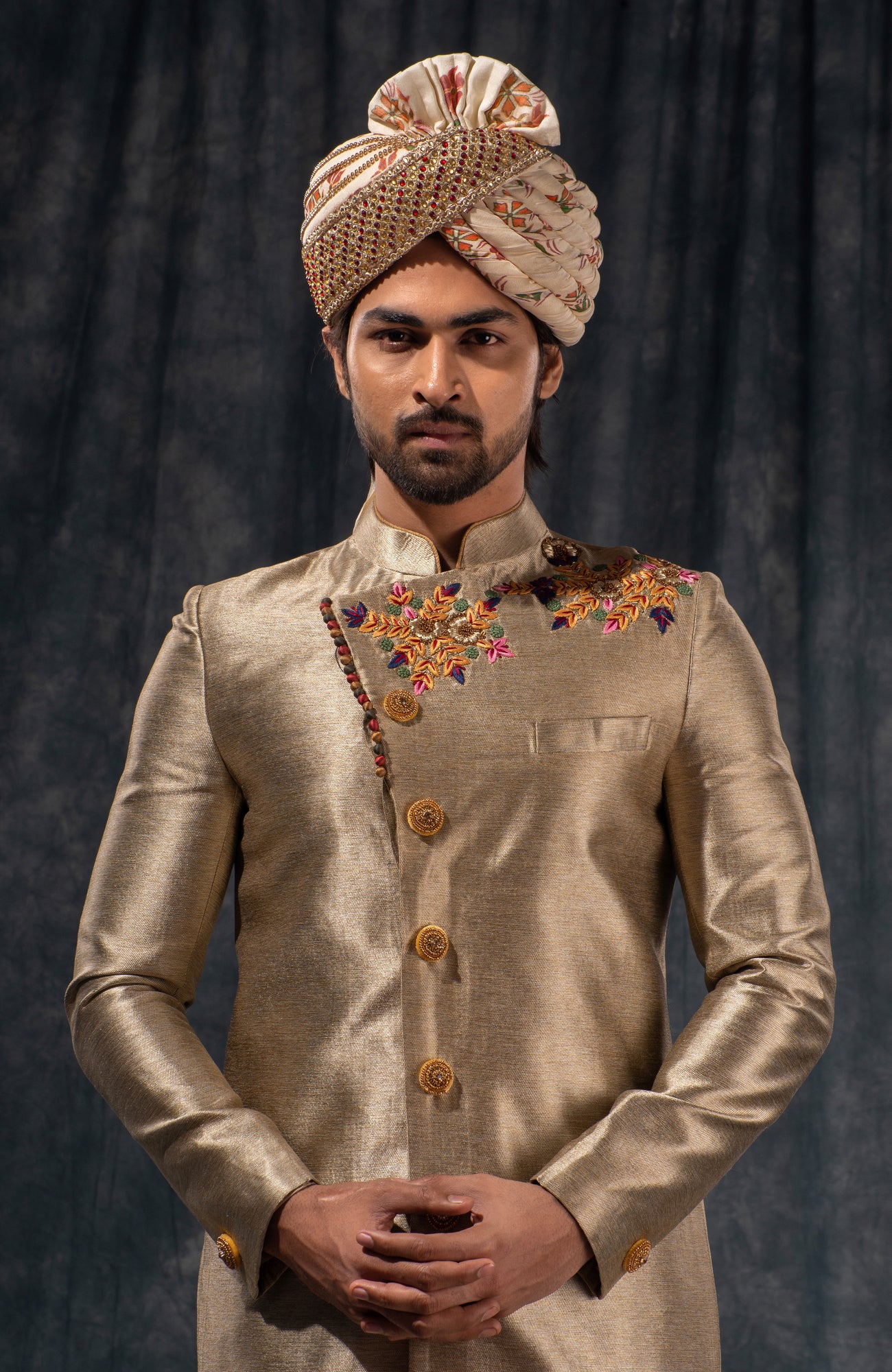 HAMSAFAR Men’s Greyish Golden Tussar Poly Satin Jacquard Sherwani