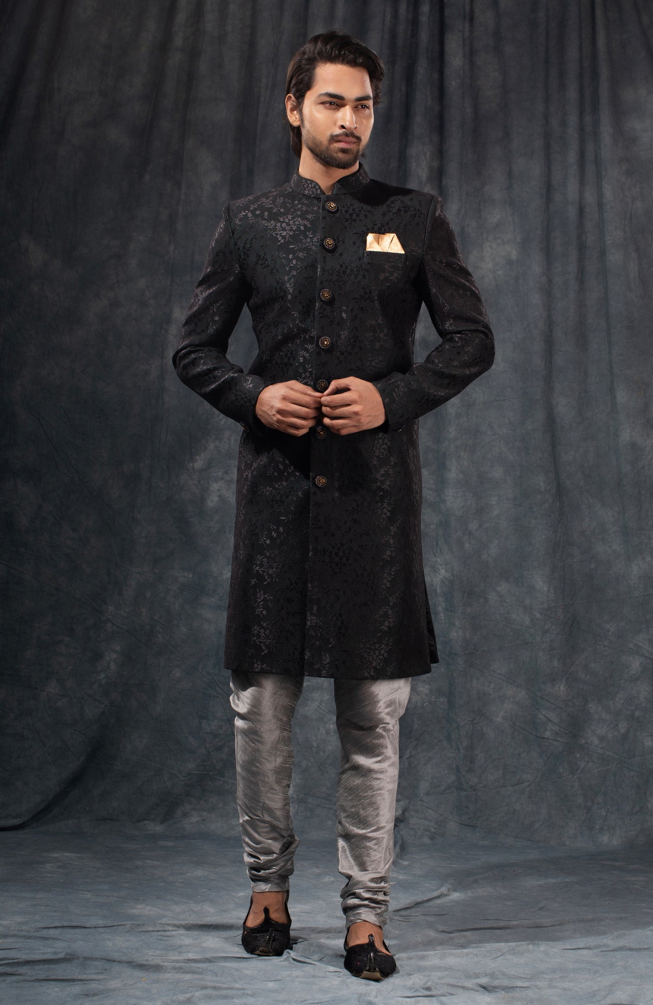 HAMSAFAR Men’s Black Net poly Viscose  Sherwani