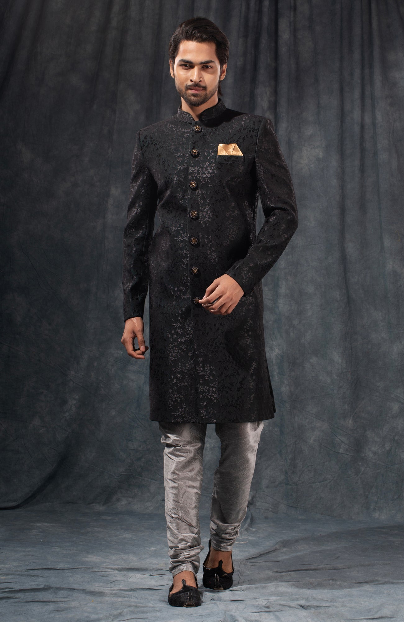 HAMSAFAR Men’s Black Net poly Viscose  Sherwani